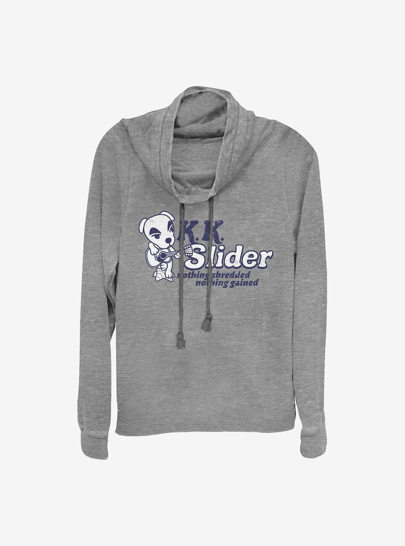 Nintendo Animal Crossing K.K. Slider Nothing Shredded Nothing Gained Distressed Cowlneck Long-Sleeve Girls Top, GRAY HTR, hi-res