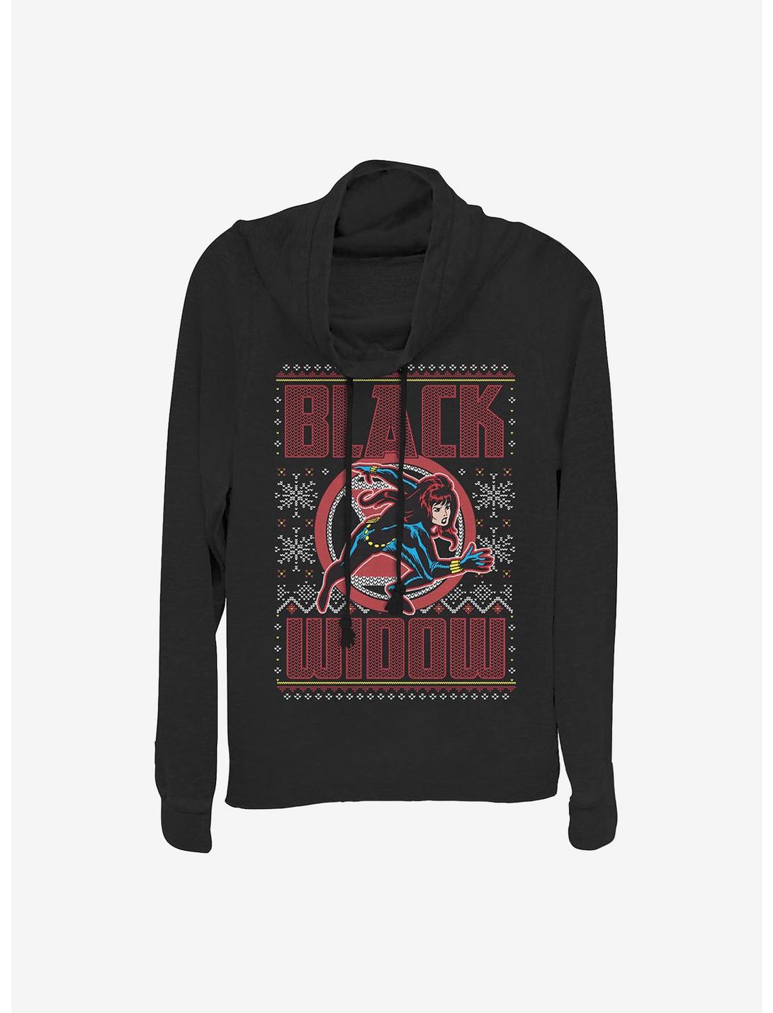 Marvel Black Widow Holiday Sweater Cowlneck Long-Sleeve Girls Top, BLACK, hi-res