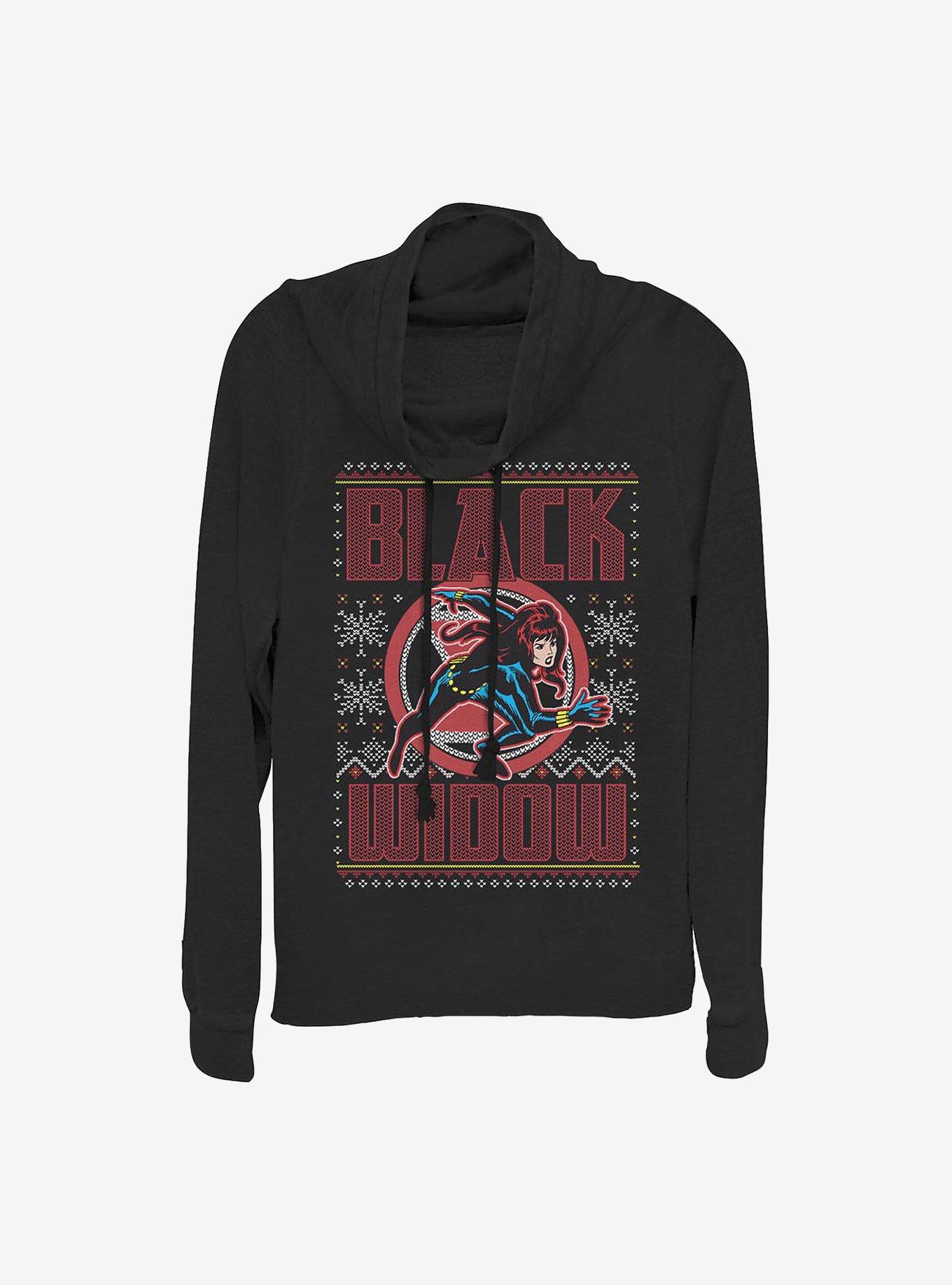 Marvel Black Widow Holiday Sweater Cowlneck Long-Sleeve Girls Top, BLACK, hi-res