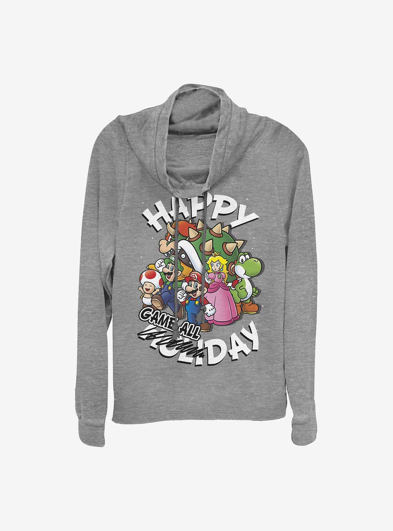 Nintendo Mario Happy Holiday Game Day Cowlneck Long-Sleeve Girls Top, GRAY HTR, hi-res