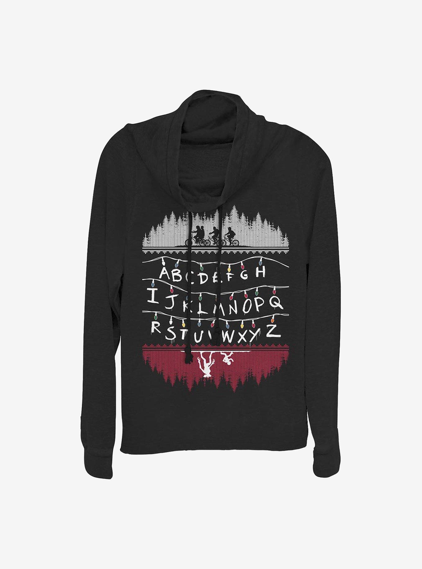 Stranger Things Alphabet Lights Cowlneck Long-Sleeve Girls Top, BLACK, hi-res