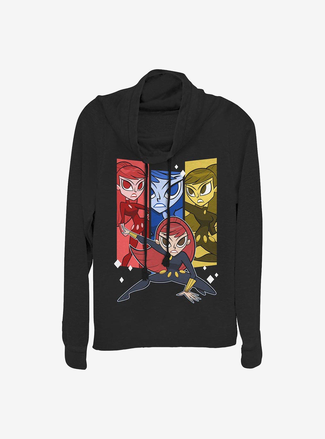 Marvel Black Widow Cartoon Trio Cowlneck Long-Sleeve Girls Top, BLACK, hi-res