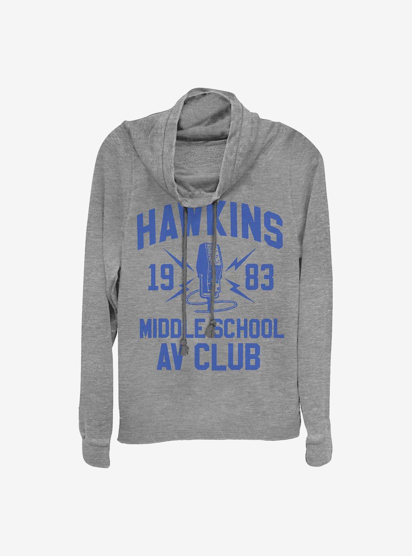 Stranger Things Hawkins A.V. Club Cowlneck Long-Sleeve Girls Top, GRAY HTR, hi-res