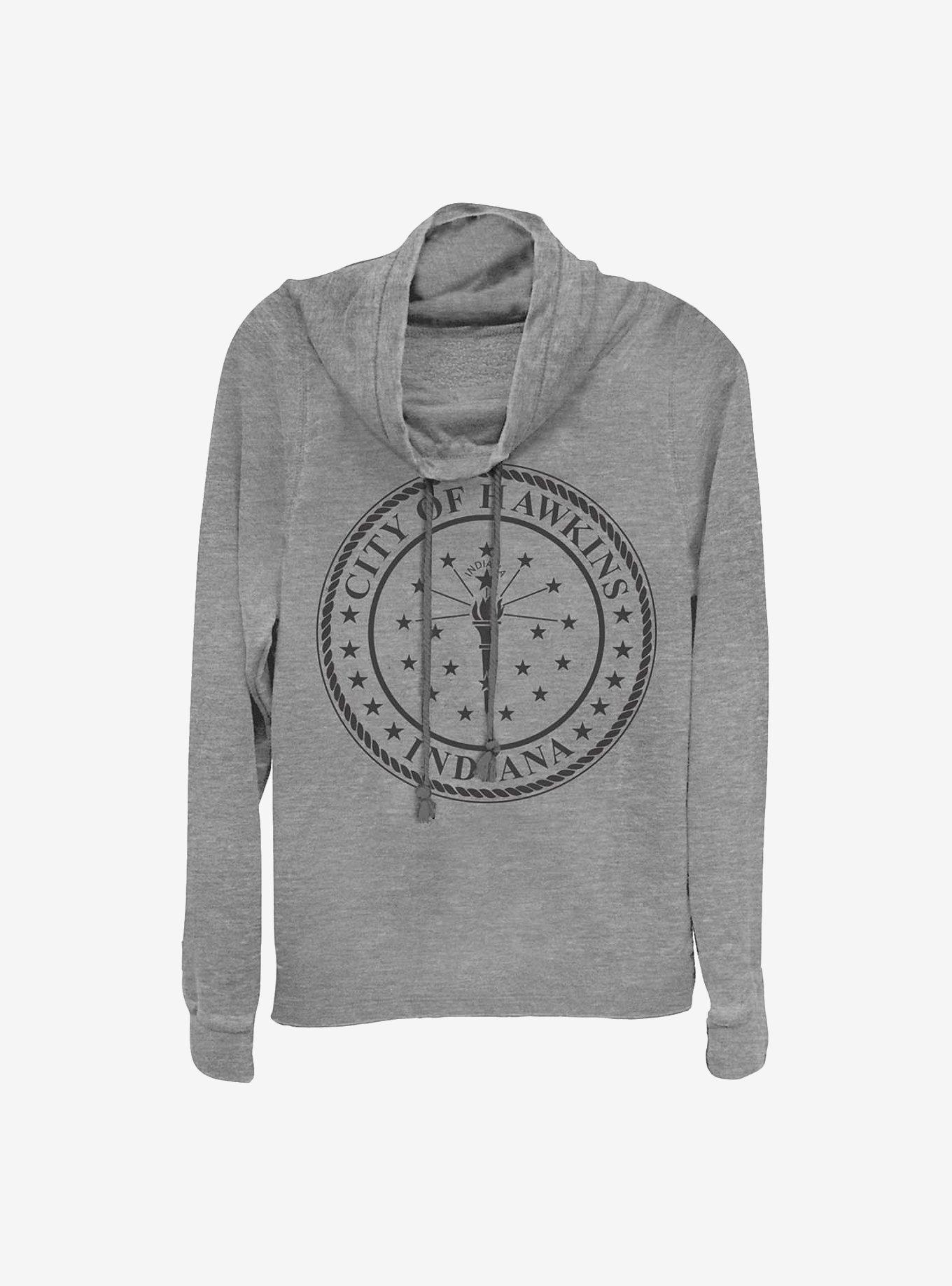 Stranger Things Hawkins City Seal Cowlneck Long-Sleeve Girls Top, GRAY HTR, hi-res