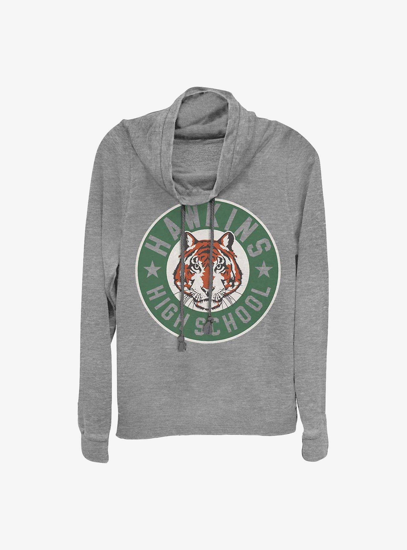 Stranger Things Hawkins High Tiger Emblem Cowlneck Long-Sleeve Girls Top, GRAY HTR, hi-res