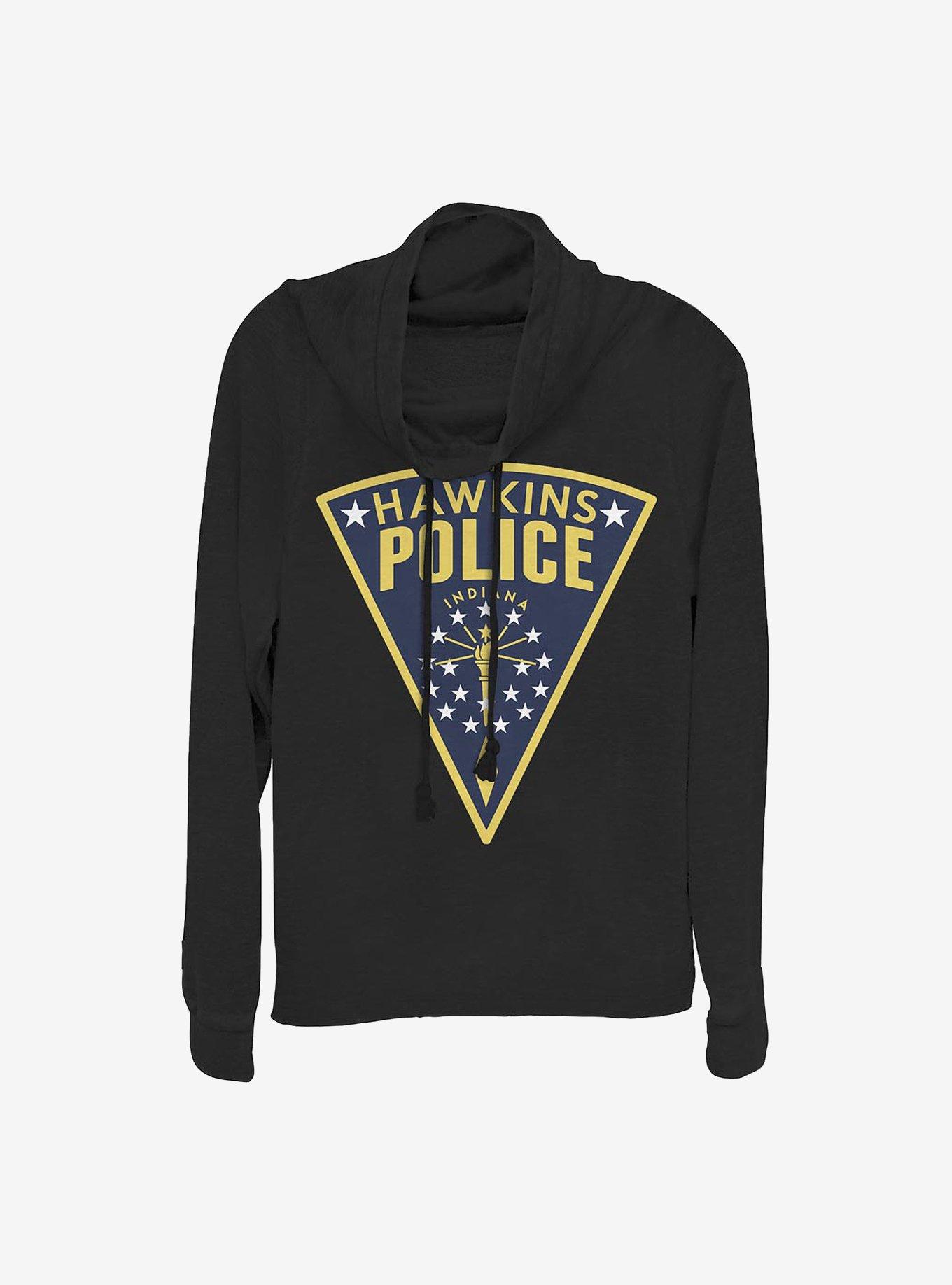 Stranger Things Hawkins Police Seal Cowlneck Long-Sleeve Girls Top, BLACK, hi-res