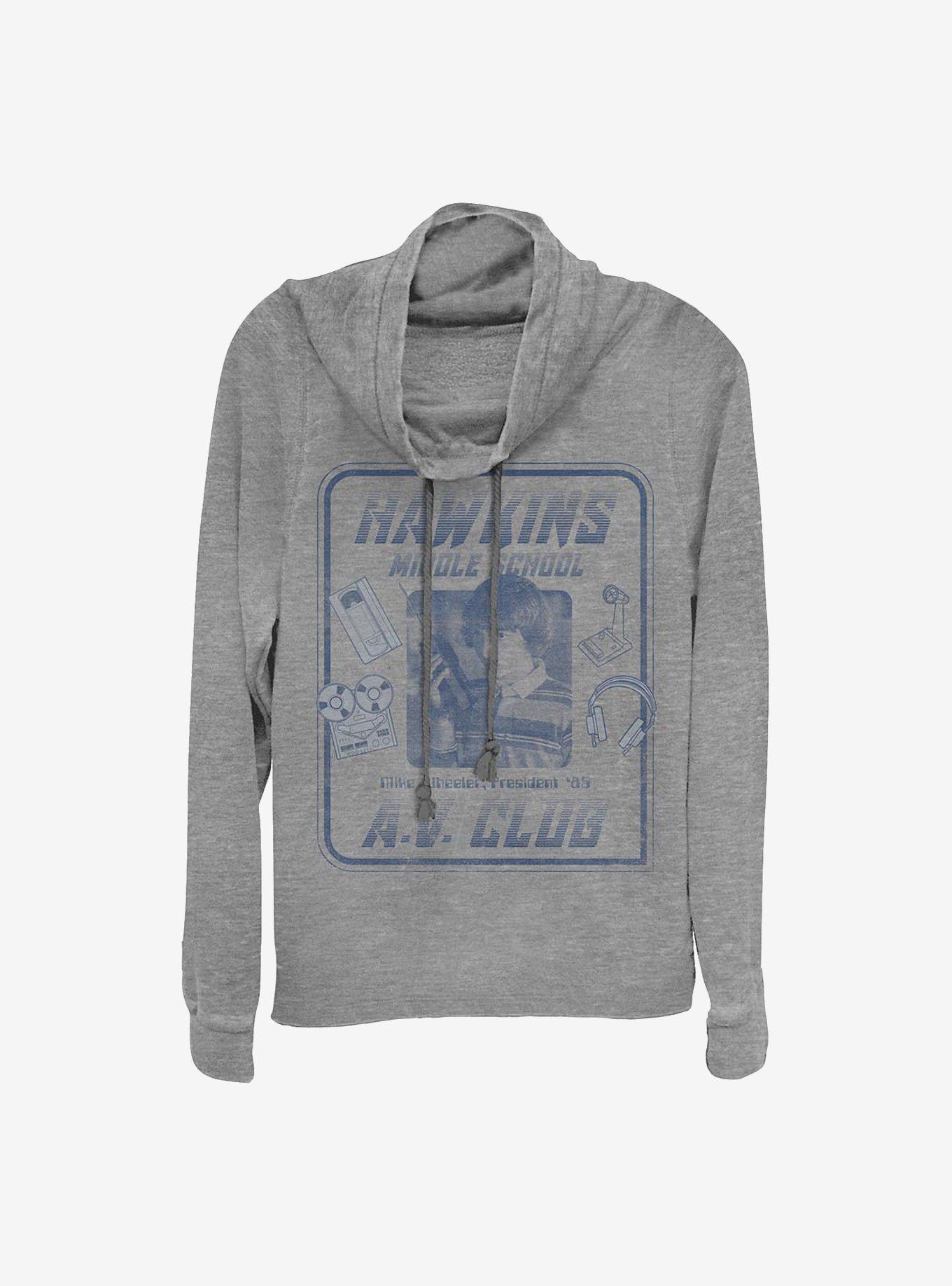 Stranger Things Mike Hawkins A.V. President Cowlneck Long-Sleeve Girls Top, GRAY HTR, hi-res