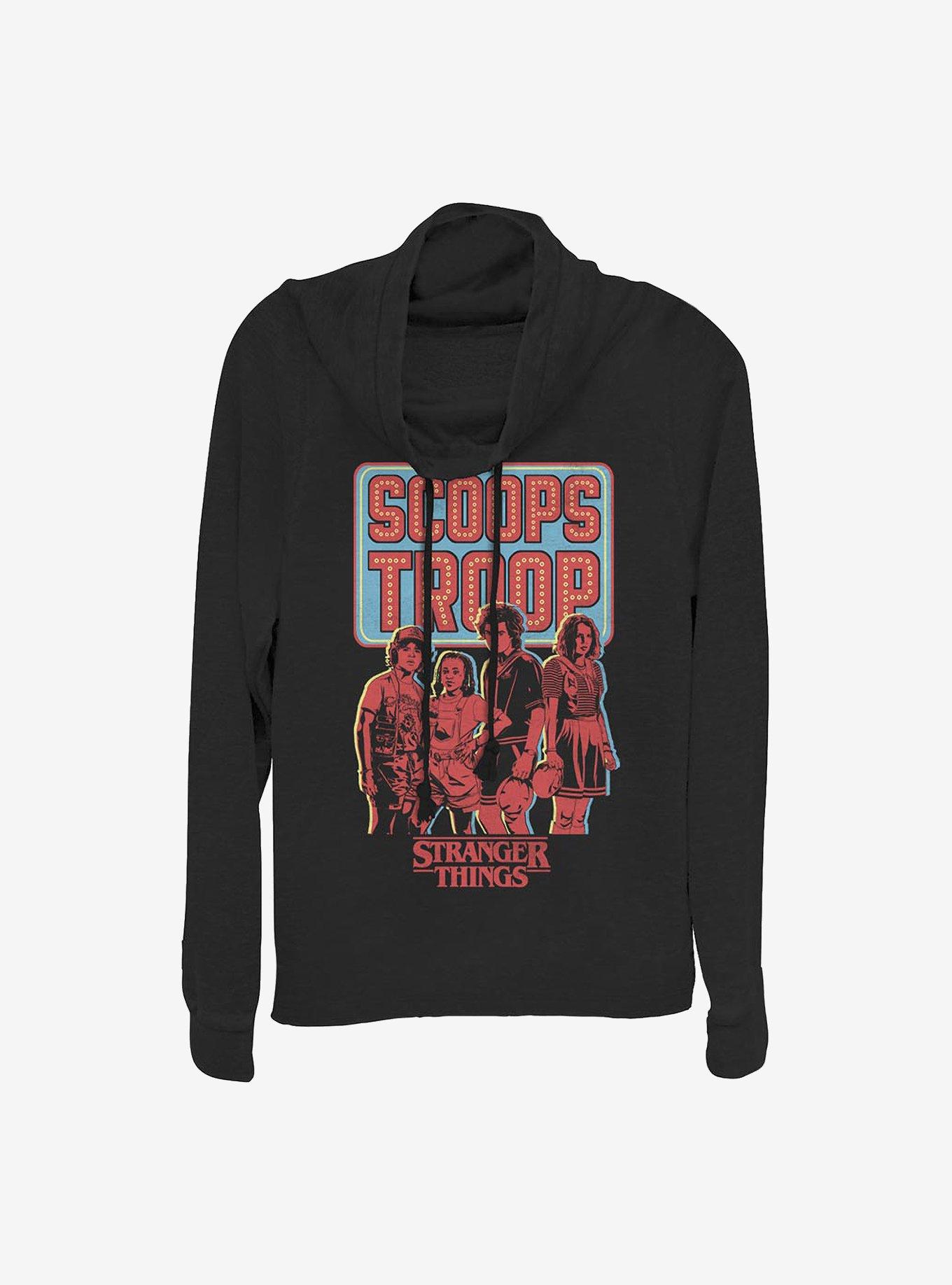 Stranger Things Scoops Troop In Red Cowlneck Long-Sleeve Girls Top, BLACK, hi-res