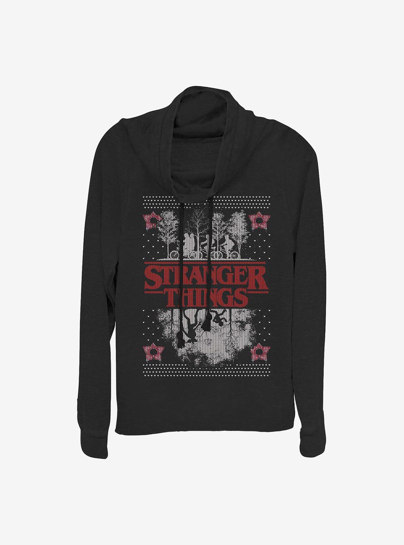 Stranger Things Upside Down Ugly Sweater Cowlneck Long-Sleeve Girls Top, BLACK, hi-res