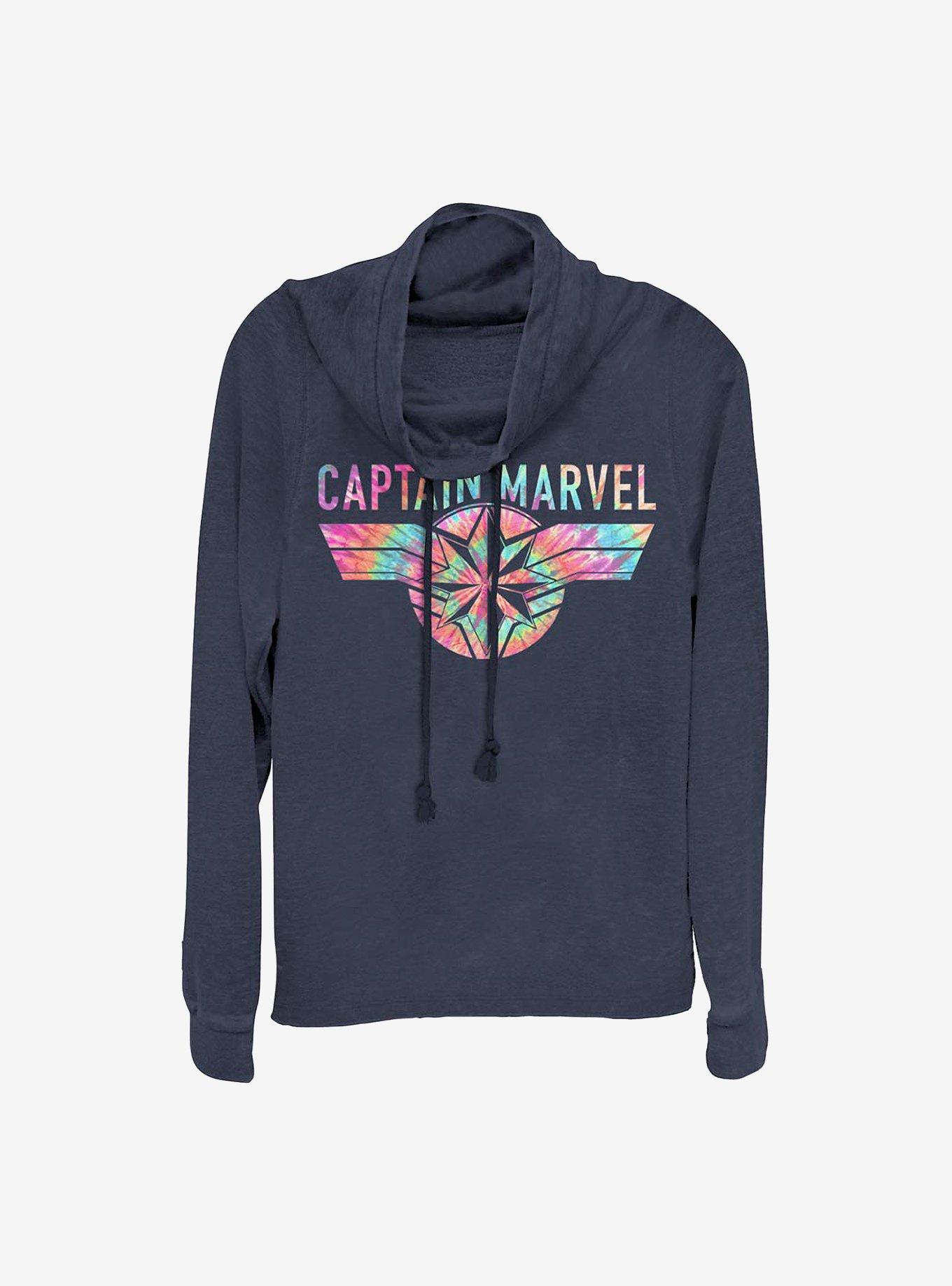 Marvel Captain Marvel Tie Dye Captain Cowlneck Long-Sleeve Girls Top, NAVY, hi-res