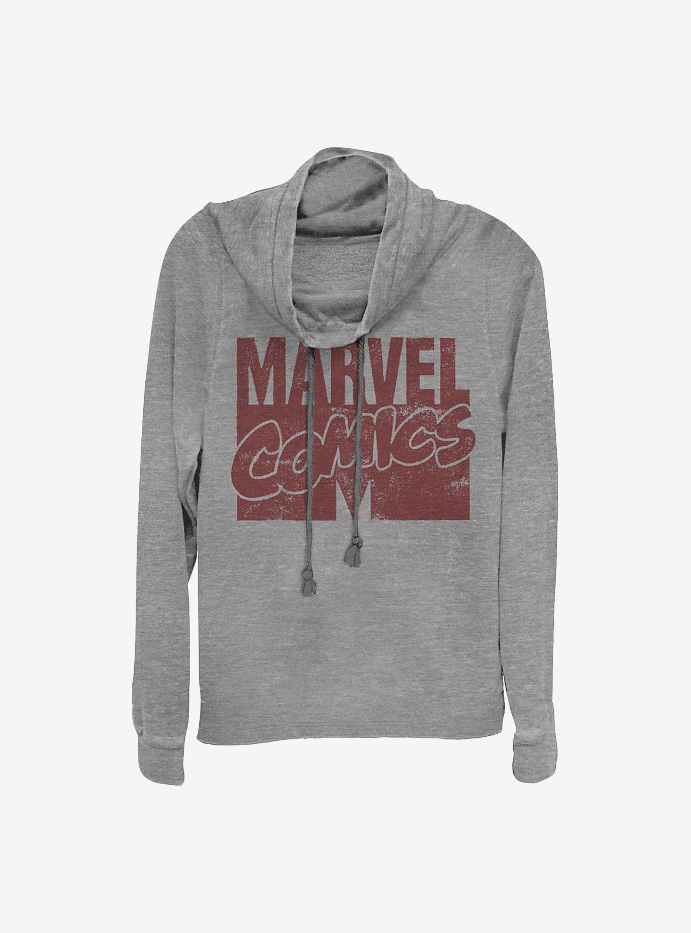 Marvel Logo Distressed Cowlneck Long-Sleeve Girls Top, GRAY HTR, hi-res