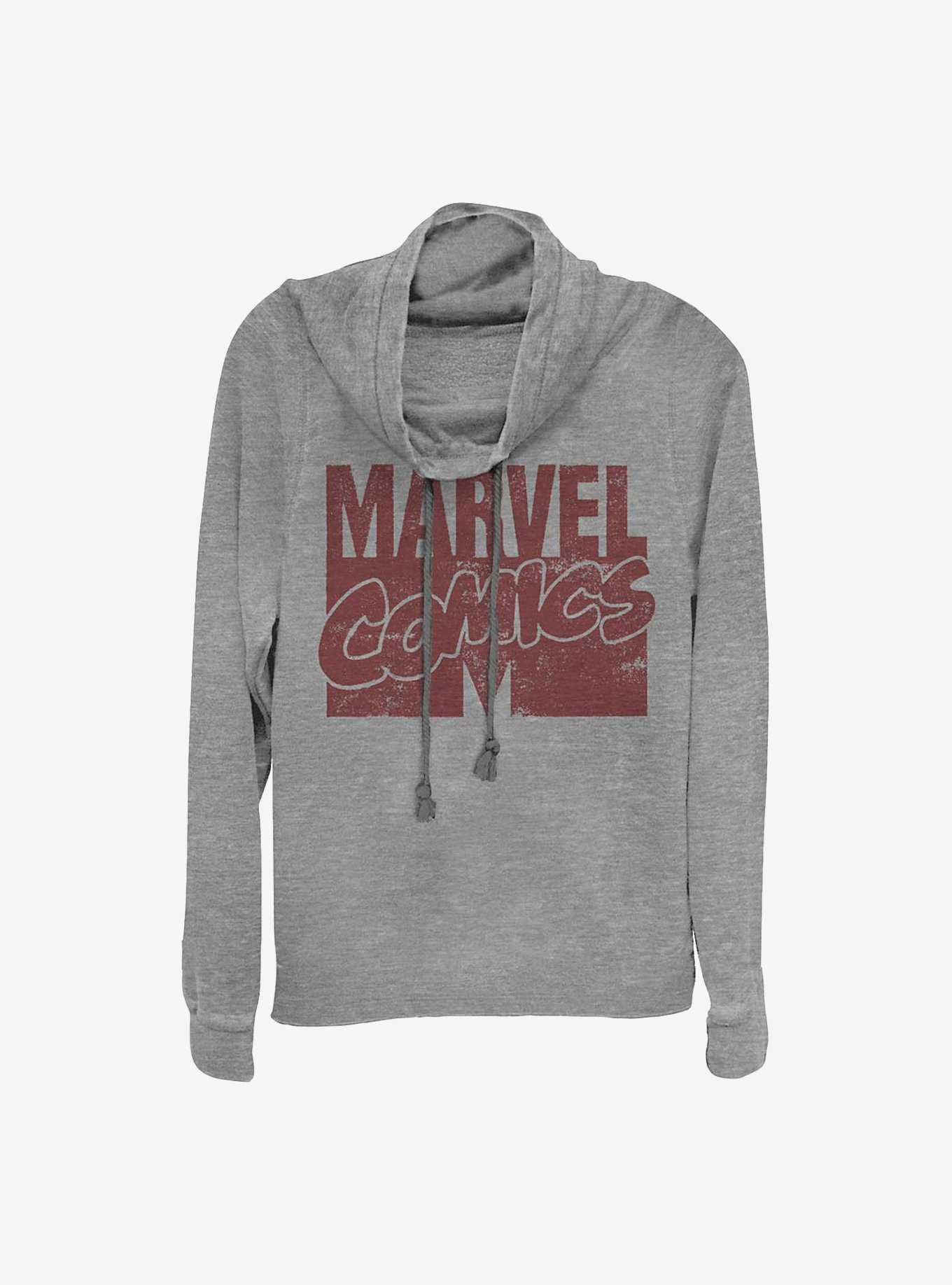 Marvel Logo Distressed Cowlneck Long-Sleeve Girls Top, , hi-res