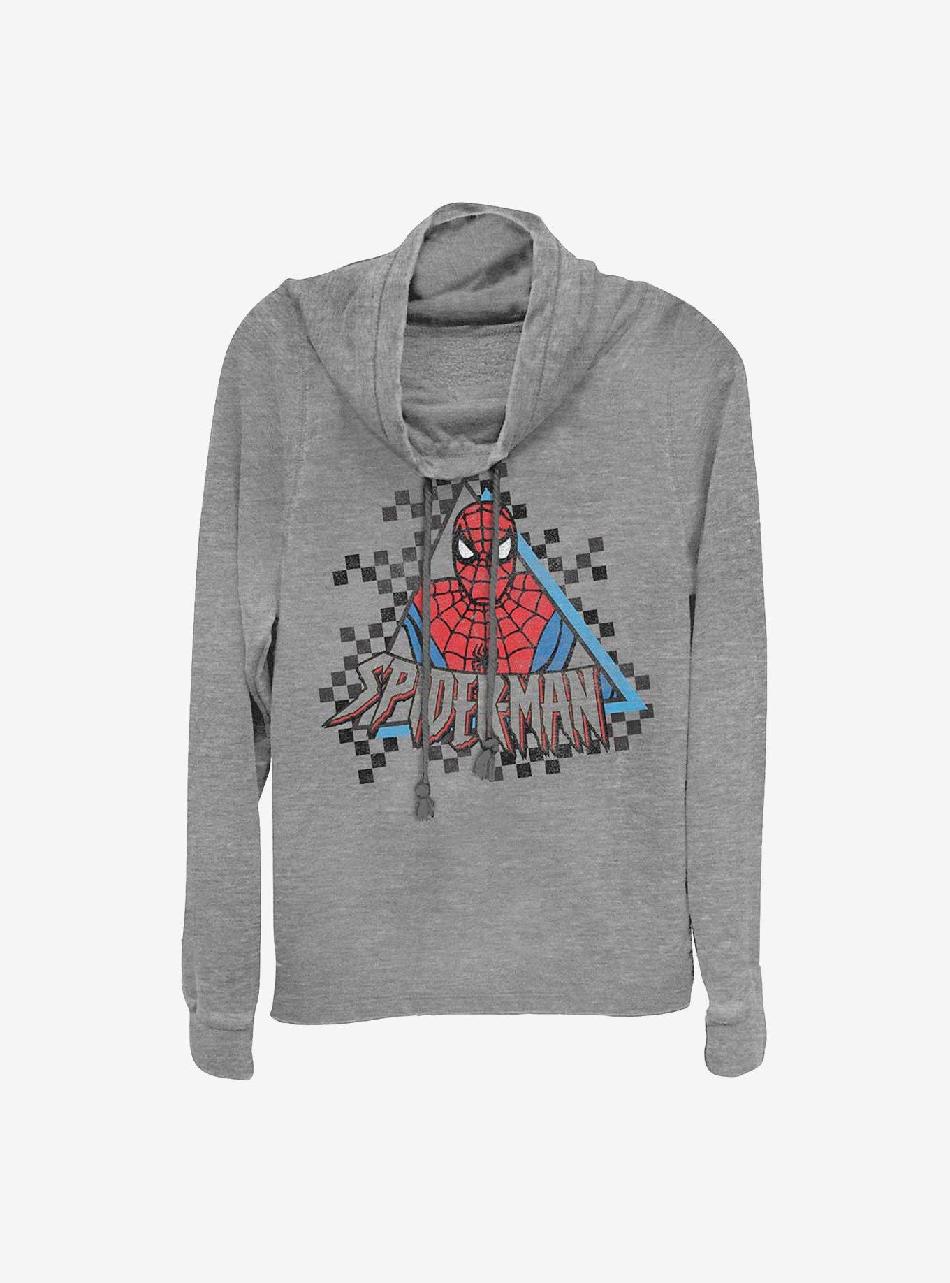 Marvel Spider-Man Spider Checkered Cowlneck Long-Sleeve Girls Top, GRAY HTR, hi-res