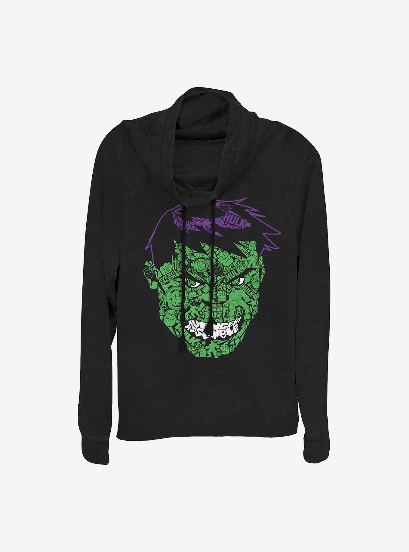 Marvel The Hulk Face Icons Cowlneck Long-Sleeve Girls Top, BLACK, hi-res