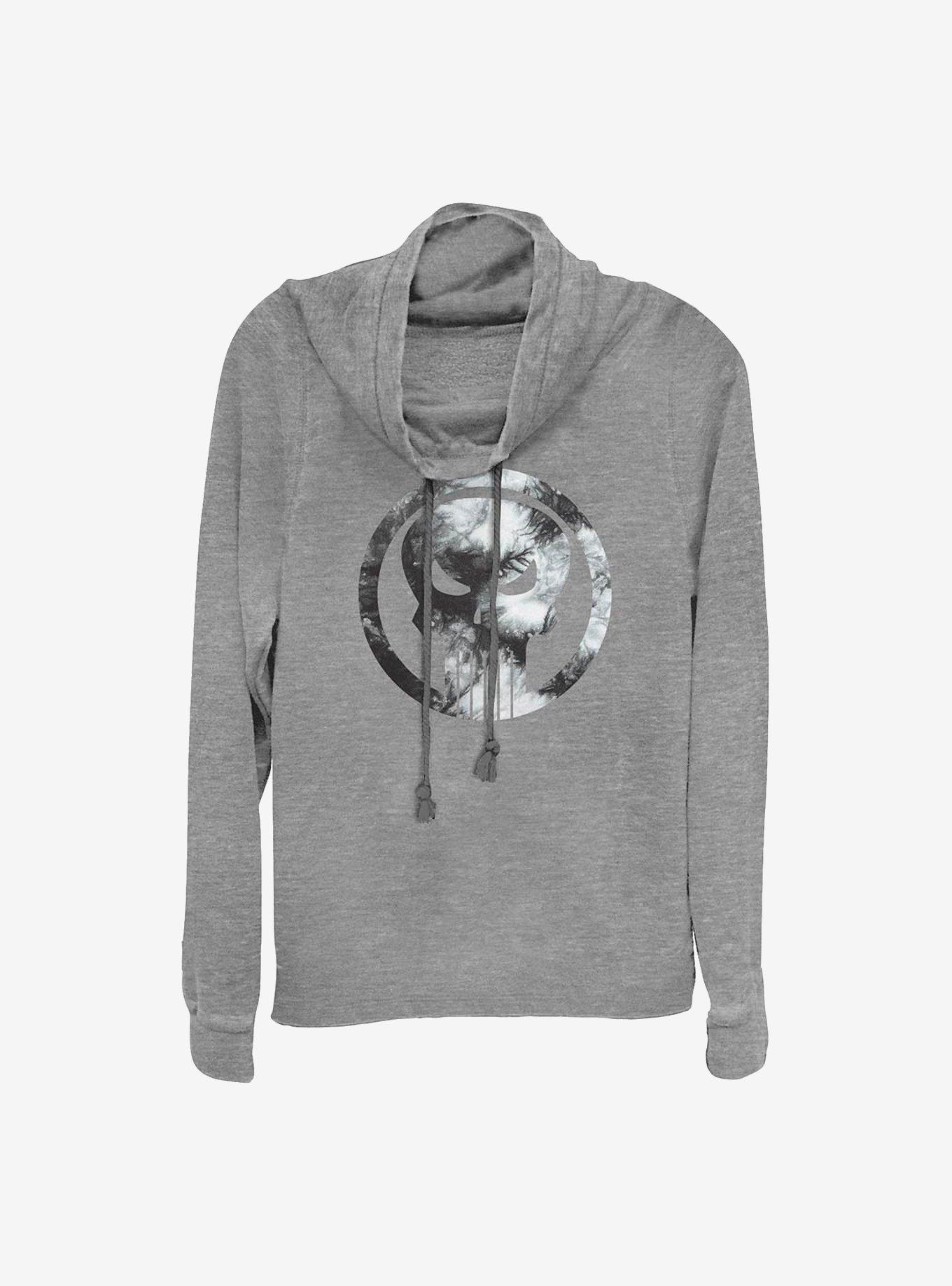 Marvel The Punisher Tie-Dye Cowlneck Long-Sleeve Girls Top, GRAY HTR, hi-res