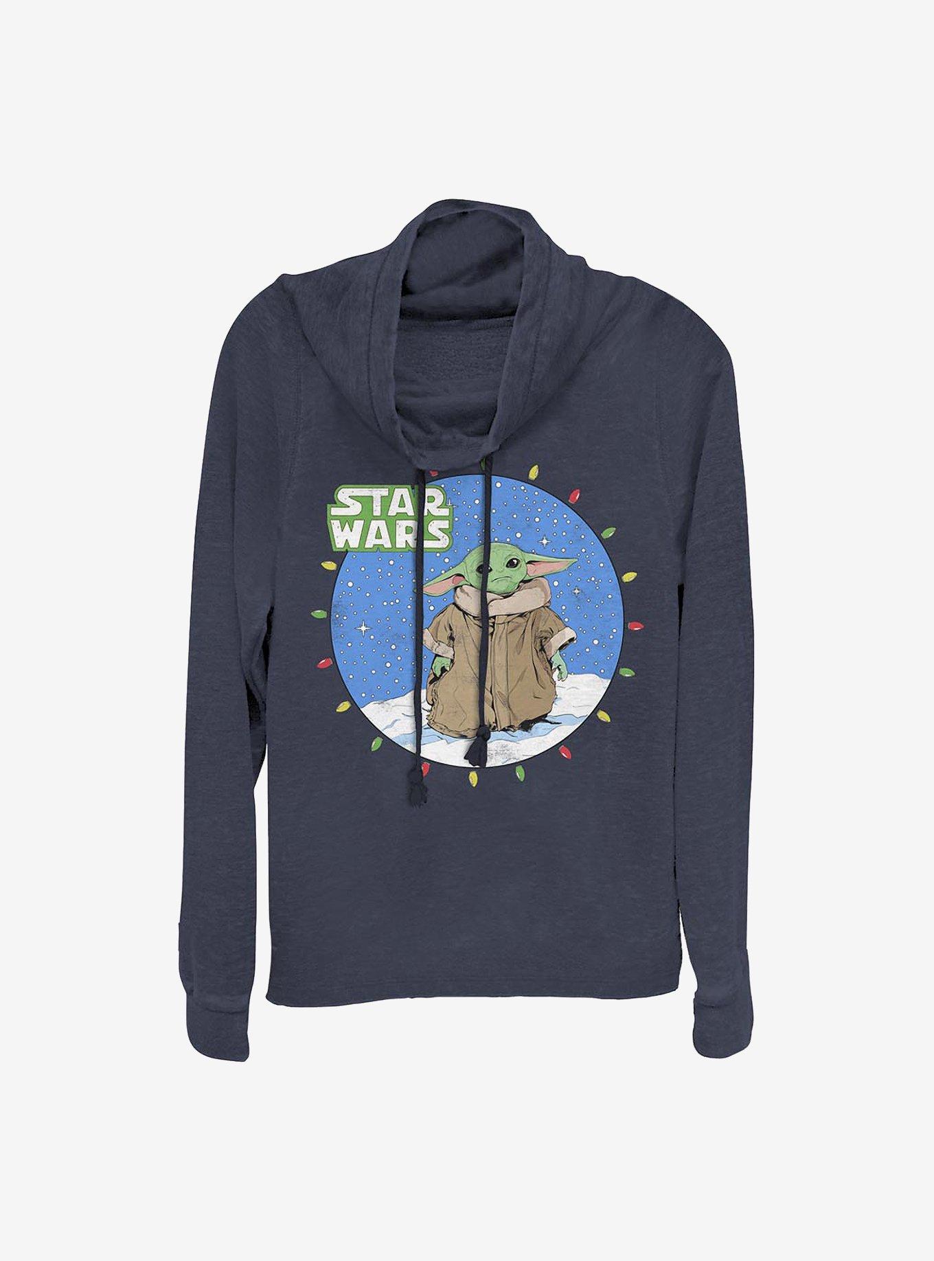 Star Wars The Mandalorian The Child Snow Baby Lights Cowlneck Long-Sleeve Girls Top, NAVY, hi-res