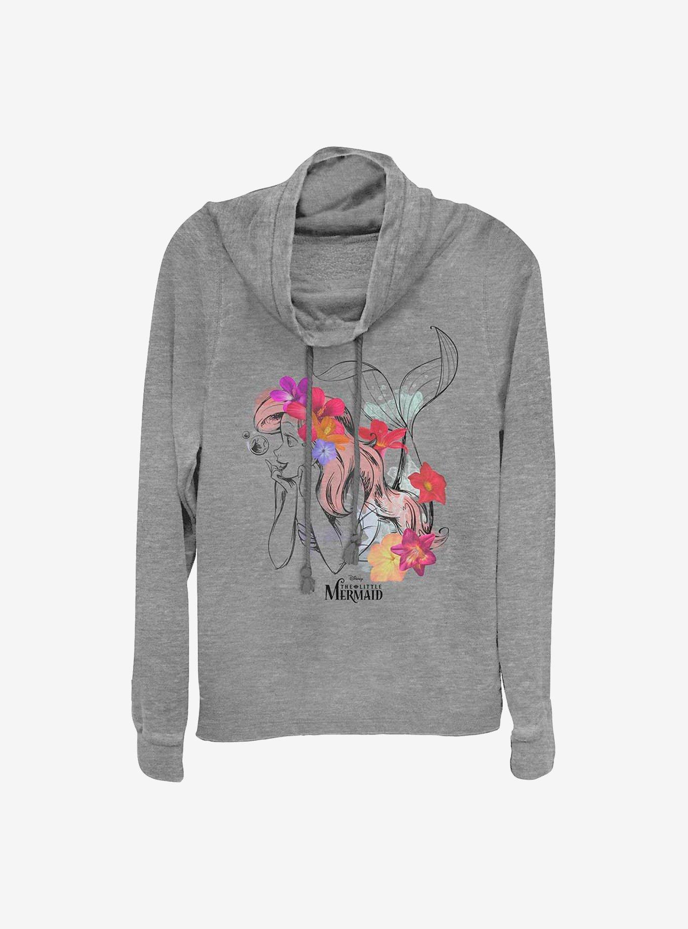 Disney The Little Mermaid Ariel Floral Cowlneck Long-Sleeve Girls Top, GRAY HTR, hi-res