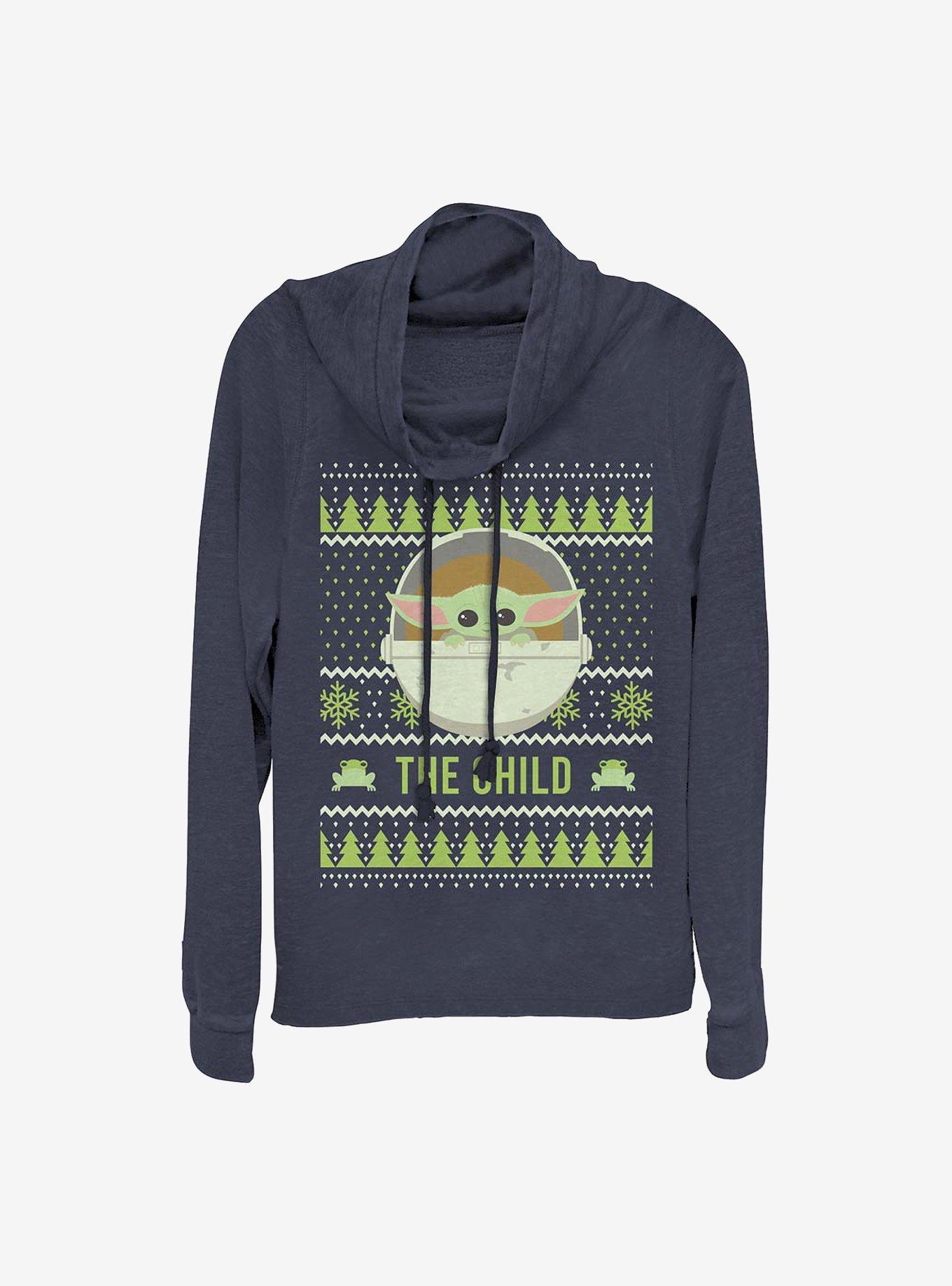 Star Wars The Mandalorian The Child Cute Ugly Sweater Cowlneck Long-Sleeve Girls Top, NAVY, hi-res