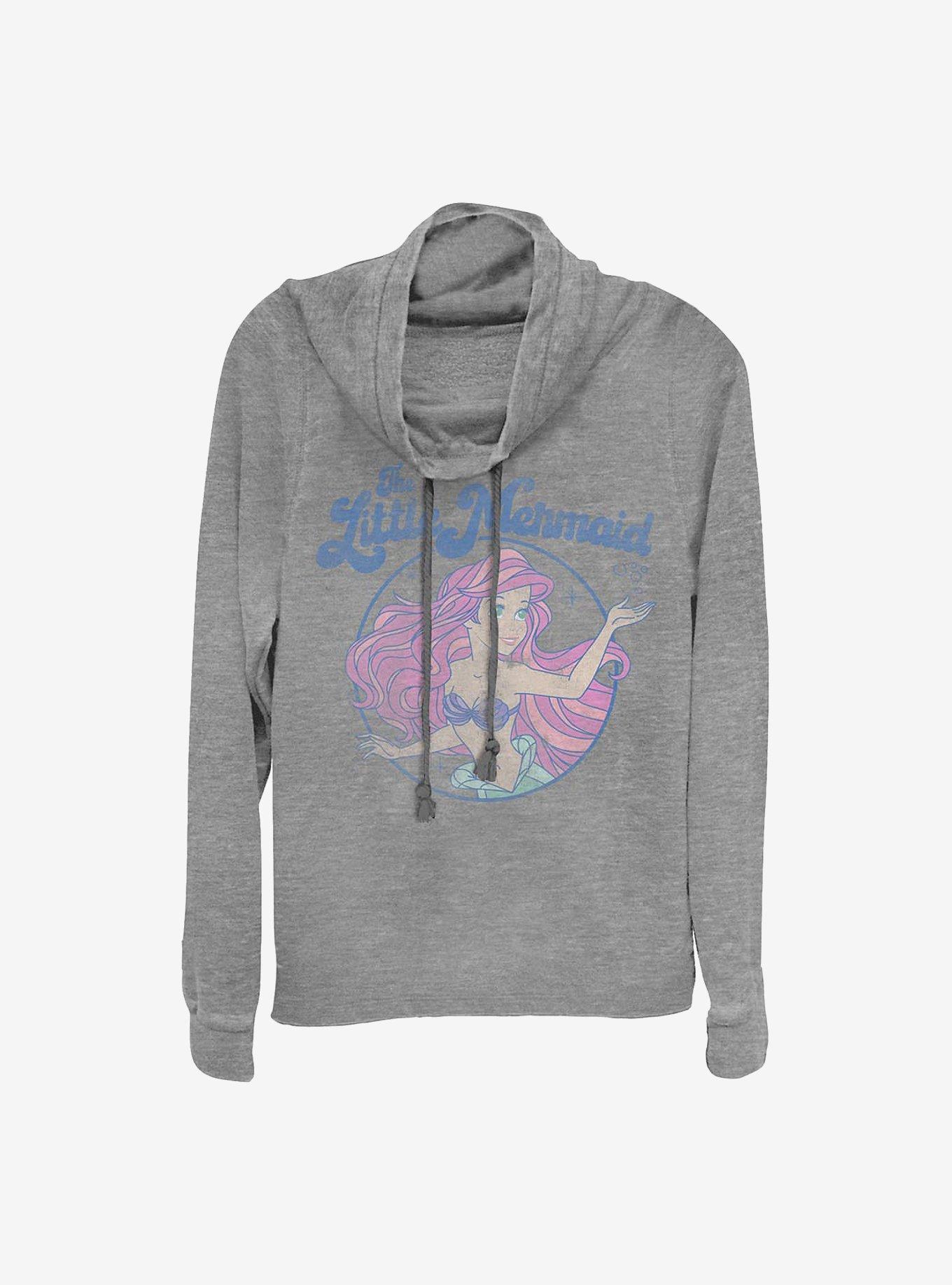 Disney The Little Mermaid Faded Art Ariel Cowlneck Long-Sleeve Girls Top, GRAY HTR, hi-res