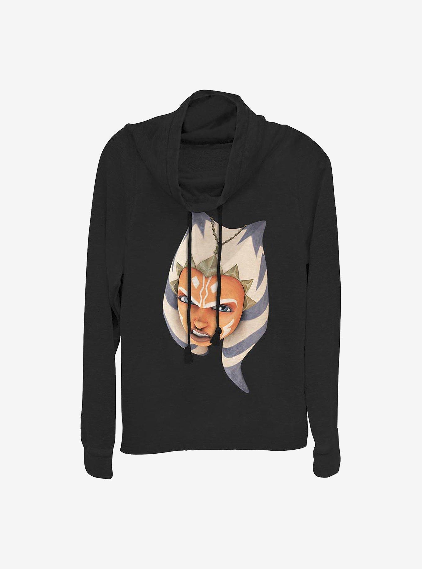 Star Wars: The Clone Wars Ahsoka Face Cowlneck Long-Sleeve Girls Top, BLACK, hi-res