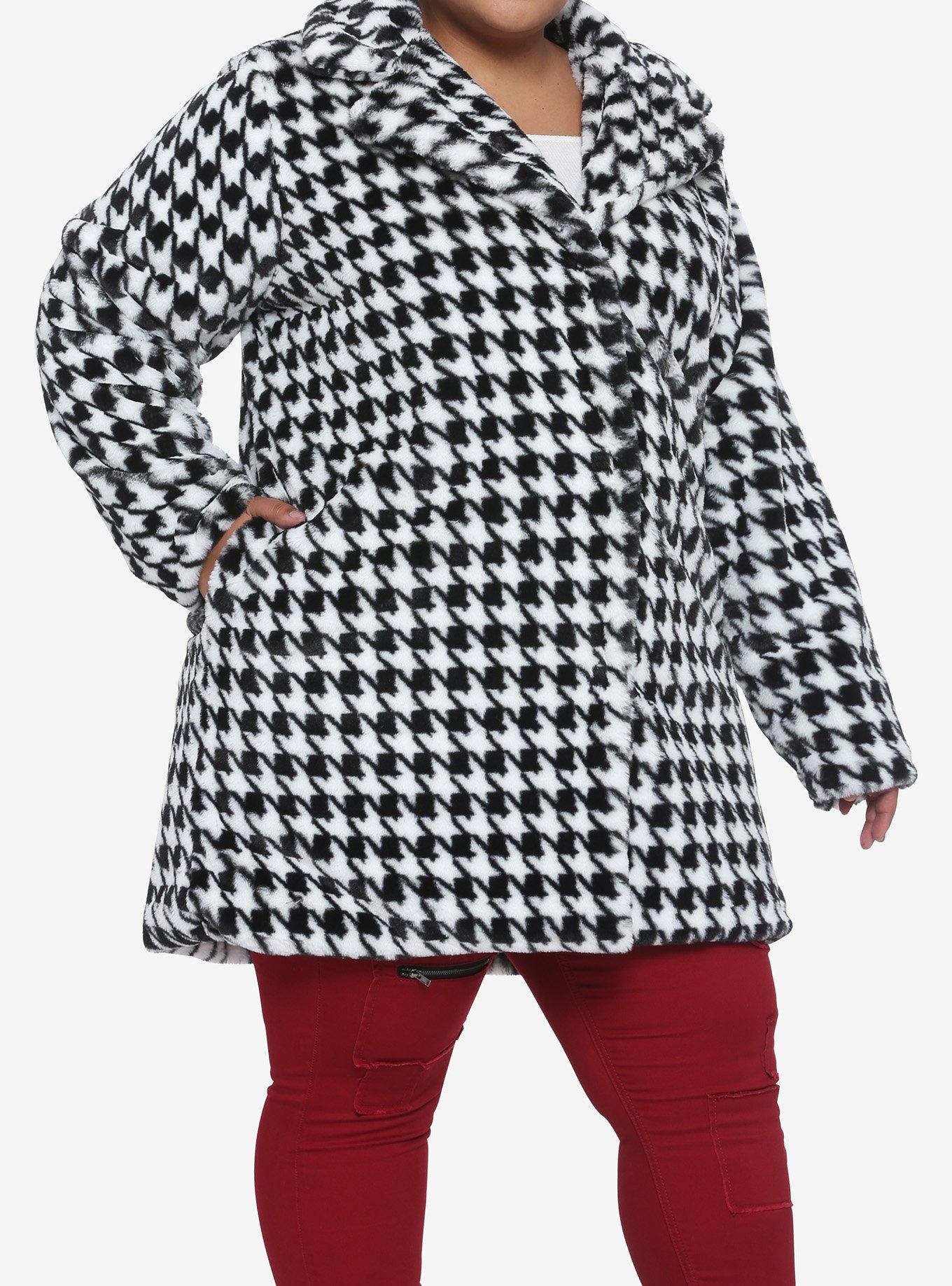 Houndstooth Faux Fur Girls Long Coat Plus Size, HOUNDSTOOTH PLAID, hi-res