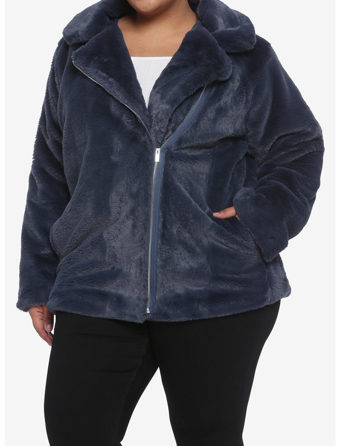 Slate Faux Fur Zipper Girls Jacket Plus Size, NAVY, hi-res