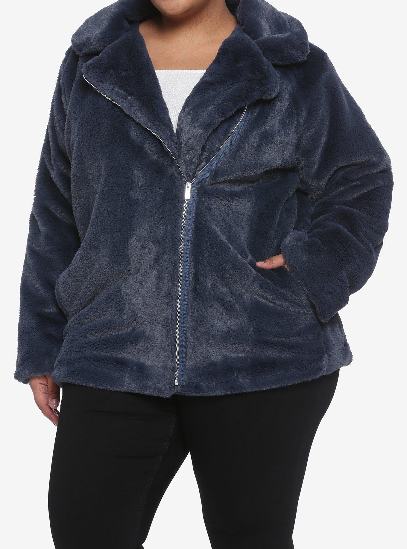 Slate Faux Fur Zipper Girls Jacket Plus Size, NAVY, hi-res