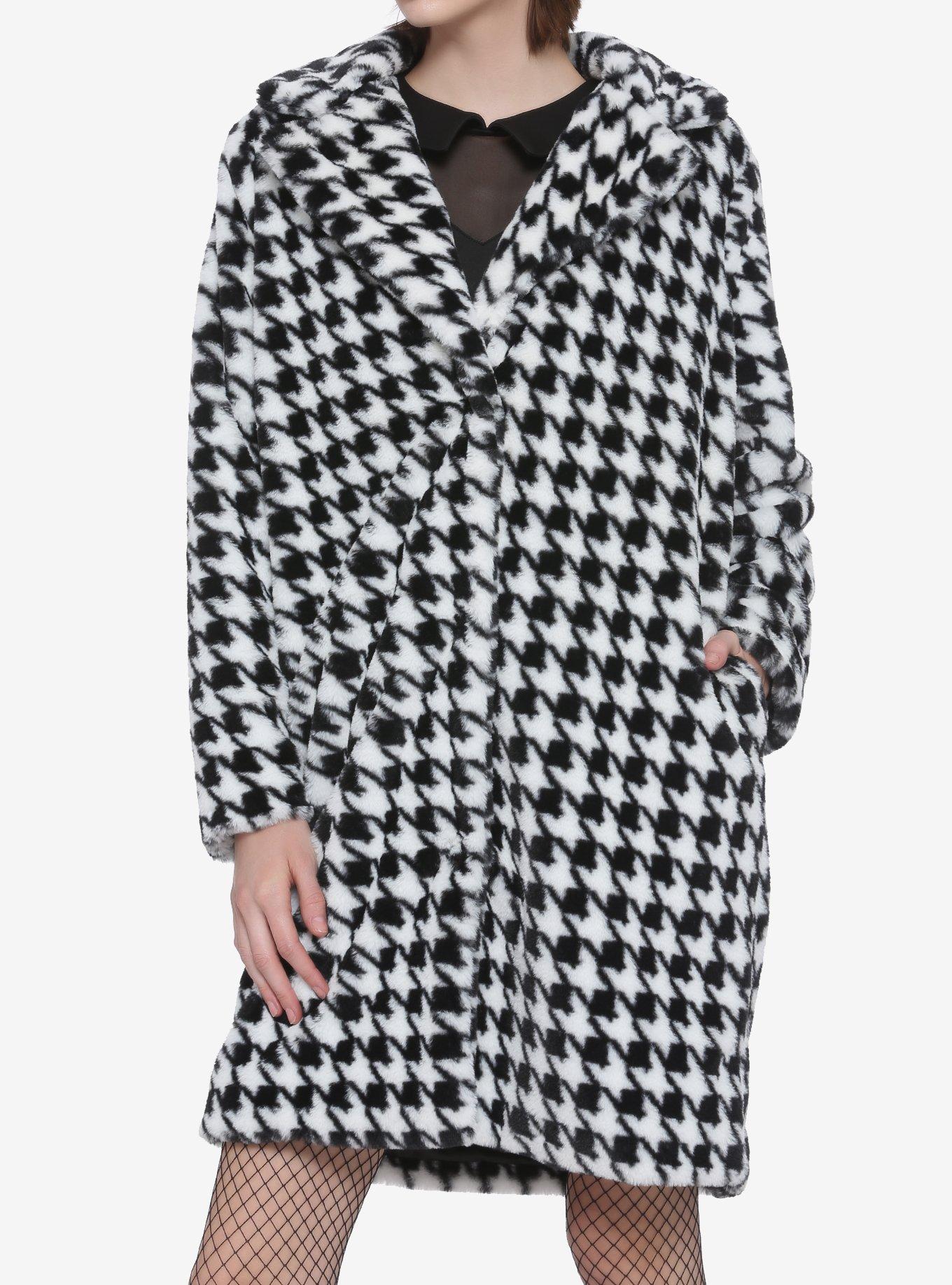 Houndstooth Faux Fur Girls Long Coat, HOUNDSTOOTH PLAID, hi-res