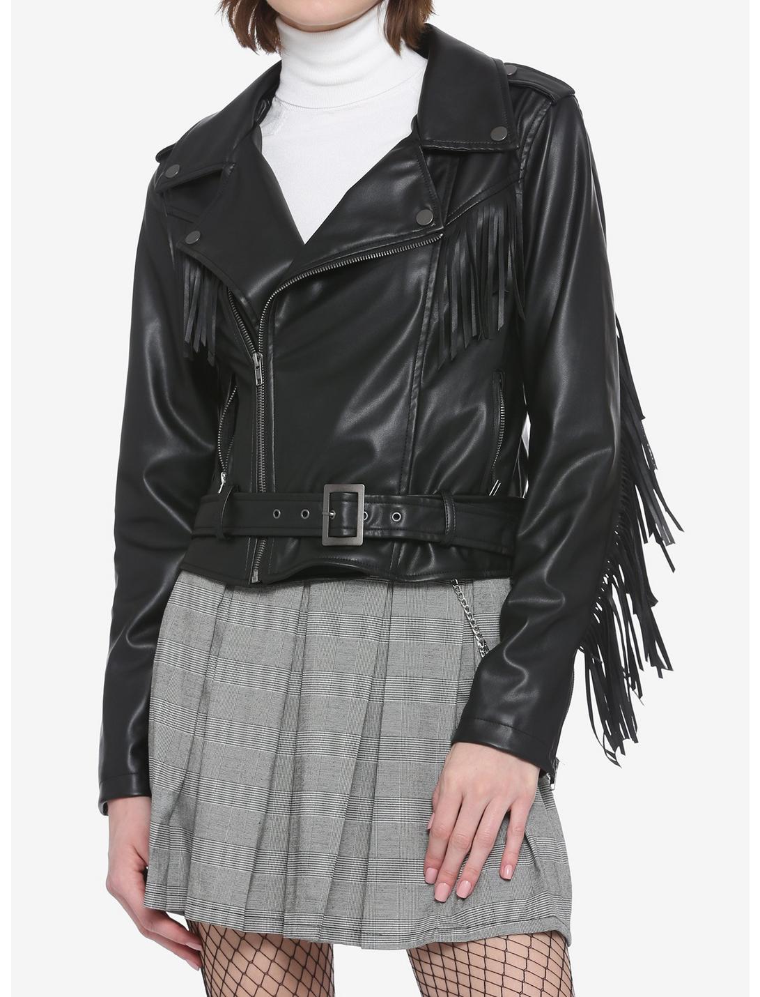 Black Fringe Moto Girls Faux Leather Jacket, BLACK, hi-res
