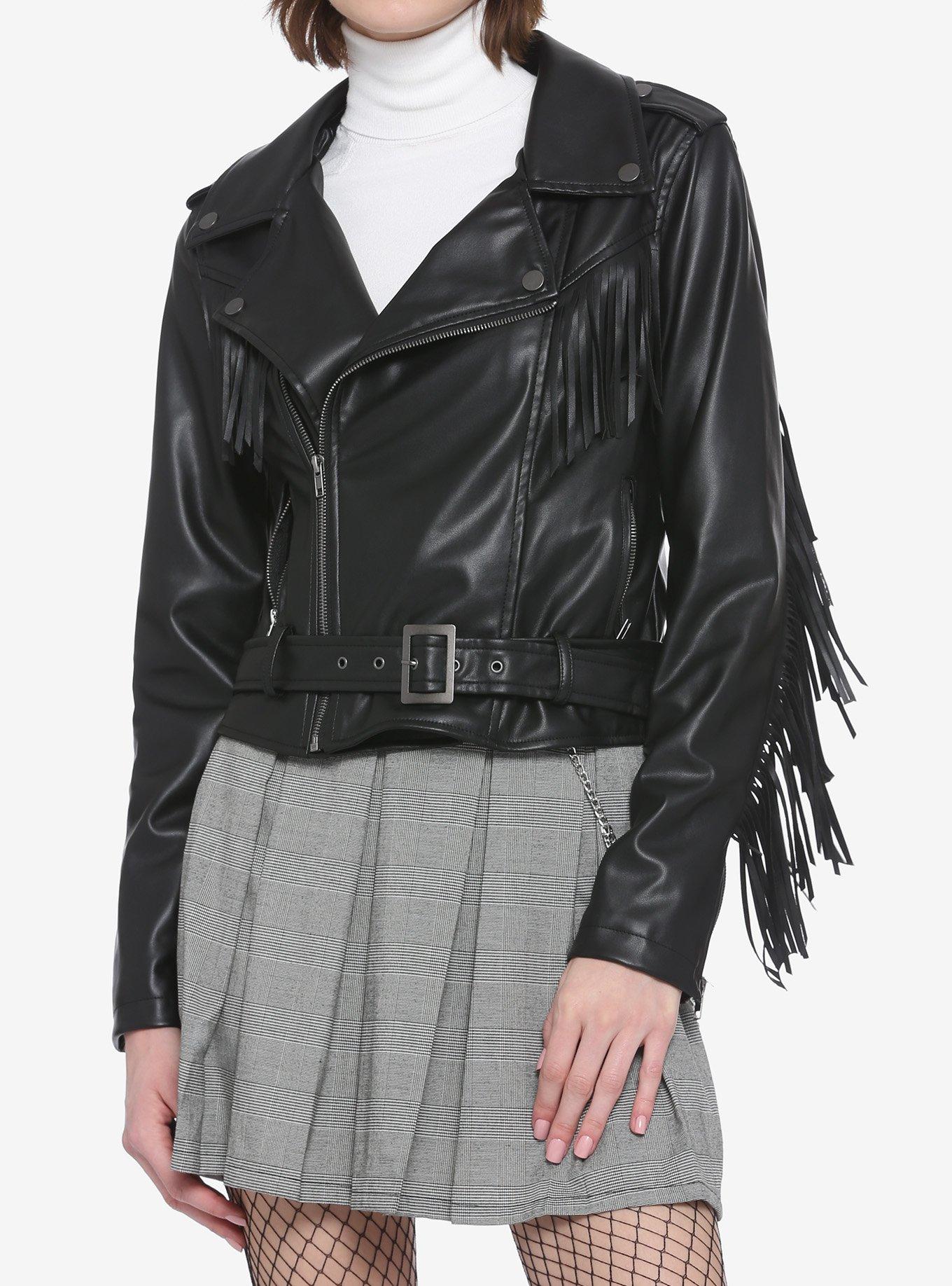 Black Fringe Moto Girls Faux Leather Jacket, BLACK, hi-res