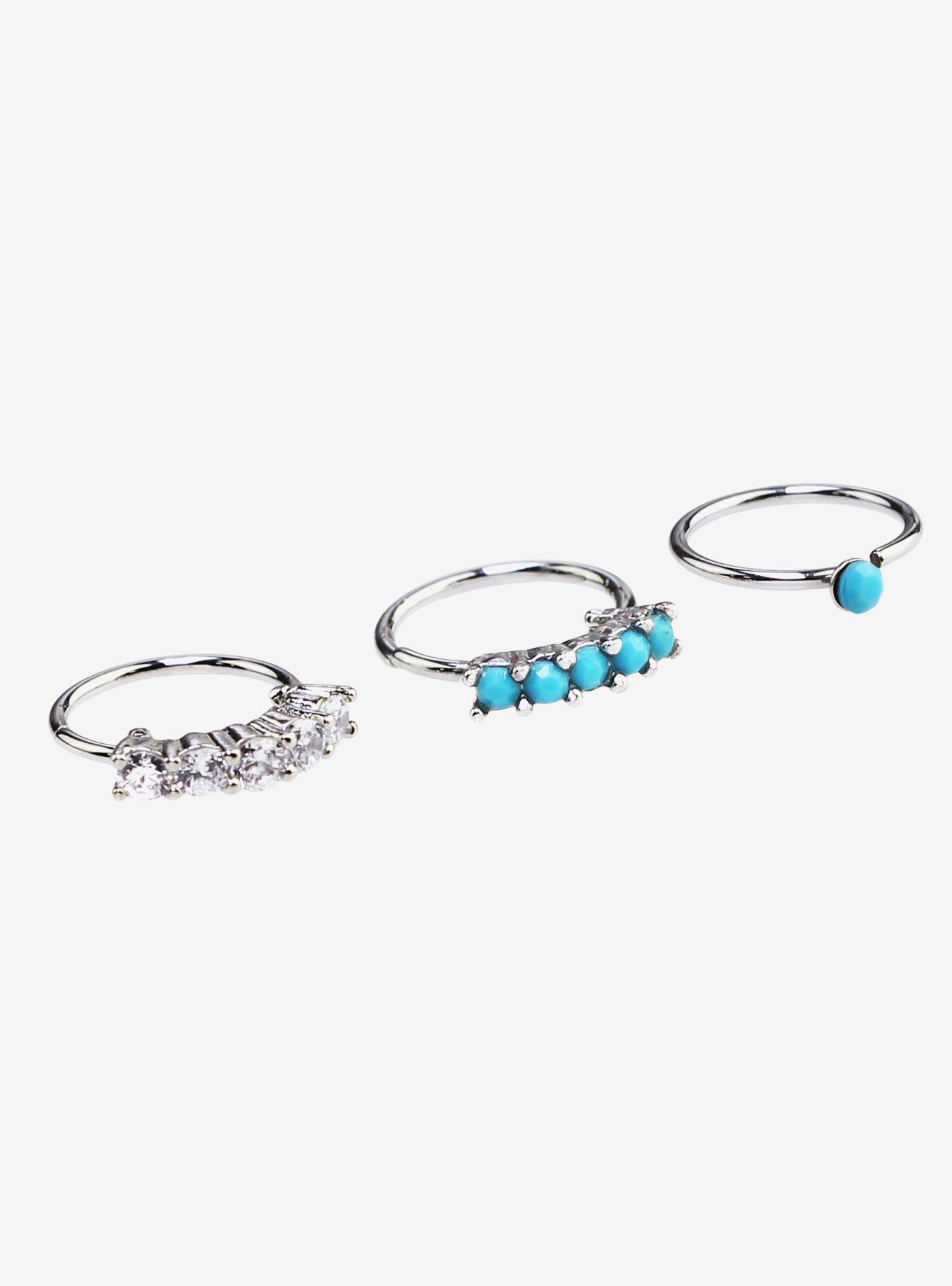 20G Steel Turquoise And Clear CZ Nose Hoop 3 Pack, , hi-res