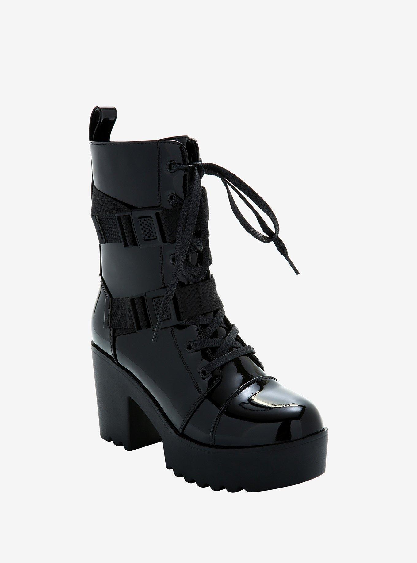 Black Patent Utility Buckle Heeled Boots Hot Topic