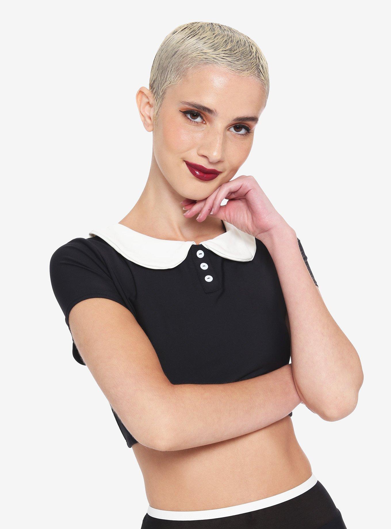 White Collar Buttons Black Swim Top, WHITE, hi-res