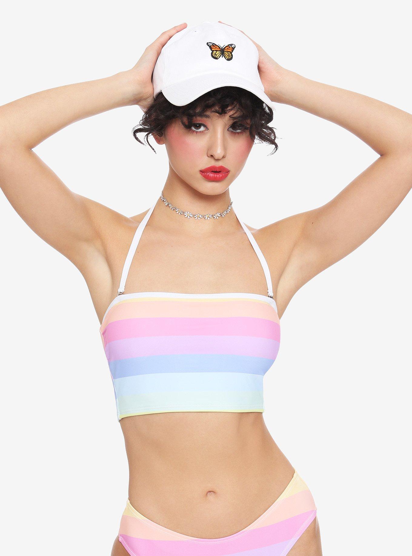 Pastel Rainbow Bandeau Halter Swim Top, MULTI, hi-res