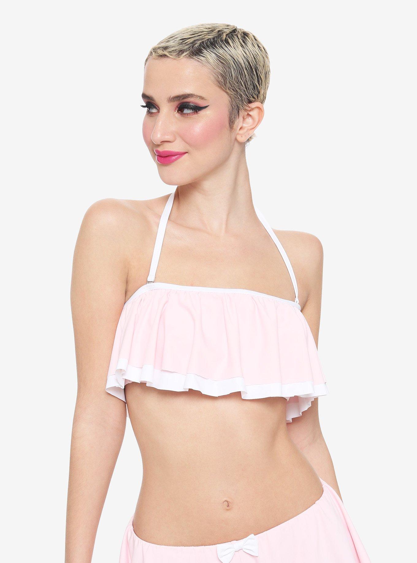 Pink & White Ruffle Bandeau Halter Swim Top, WHITE, hi-res