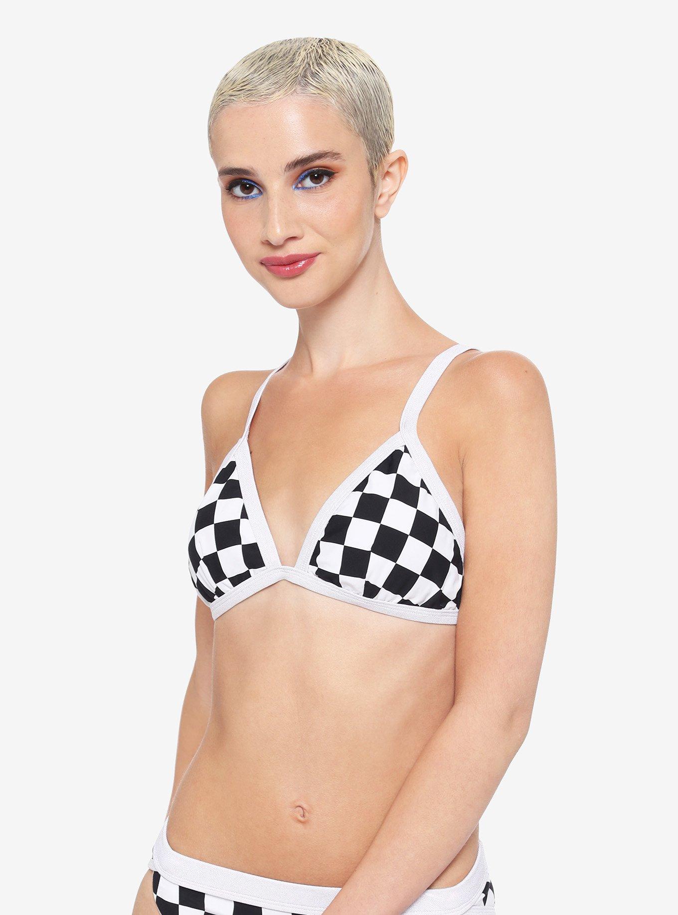 Checkered & Holo Triangle Swim Top, WHITE, hi-res