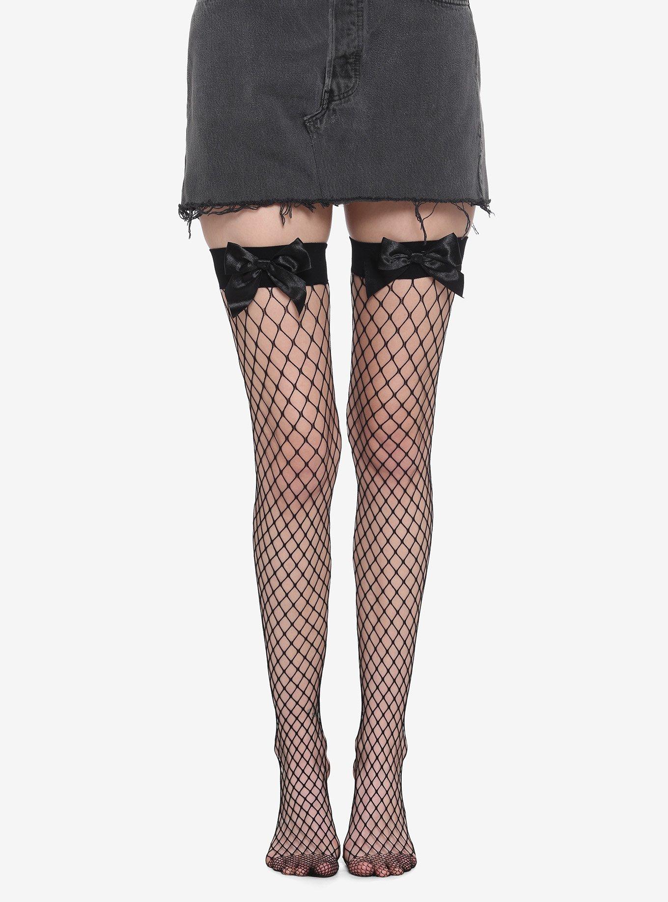 Black Bow Fishnet Thigh Highs, , hi-res