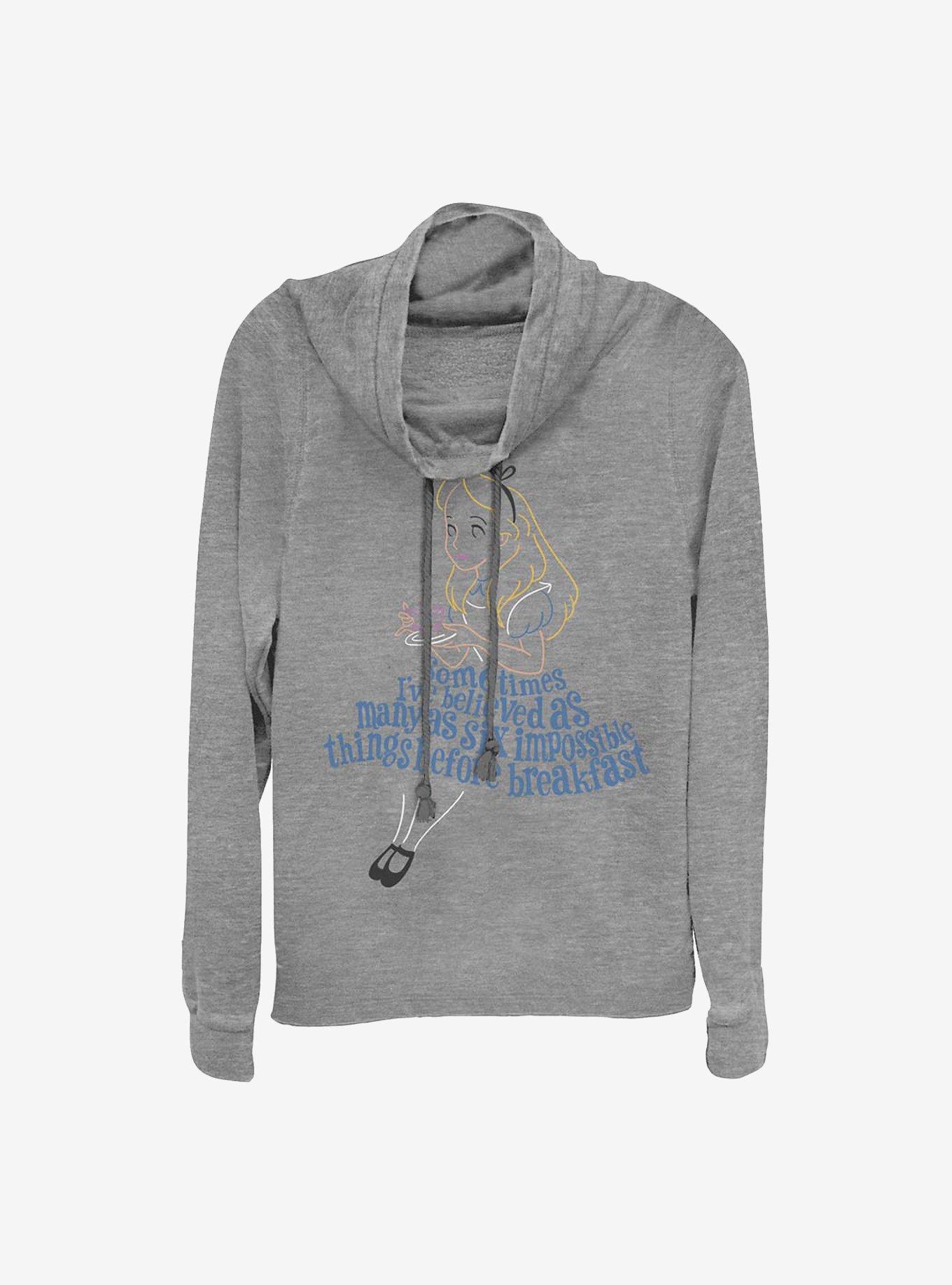Disney Alice In Wonderland Impossible Things Cowl Neck Long-Sleeve Womens Top, GRAY HTR, hi-res