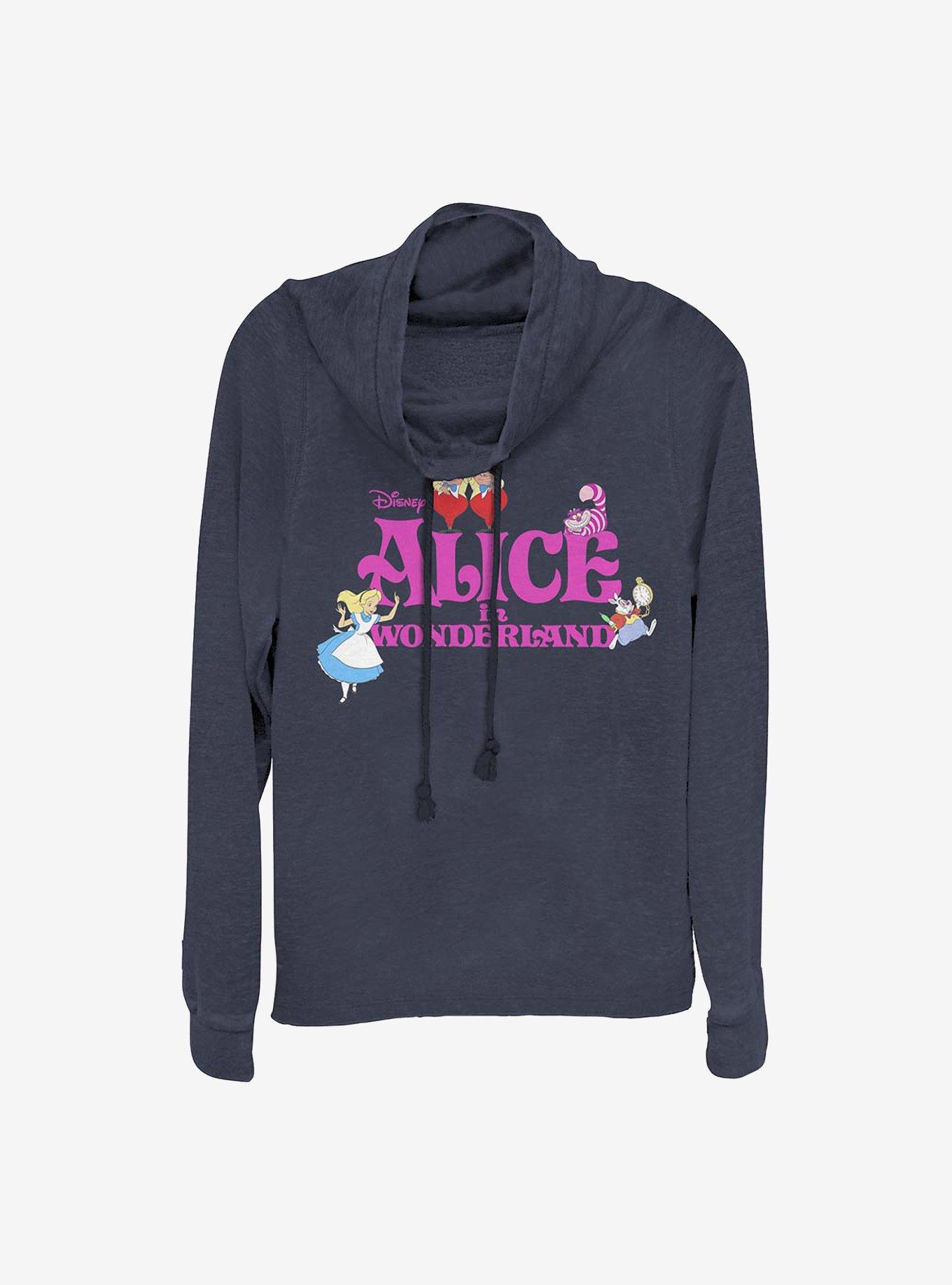 Disney Alice In Wonderland Title Cowl Neck Long-Sleeve Womens Top, NAVY, hi-res