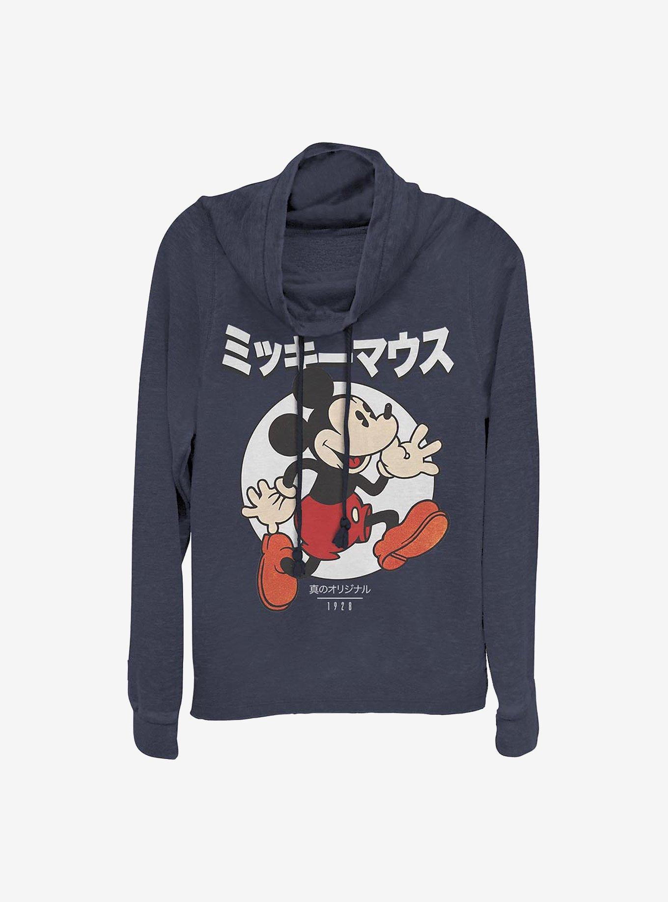 Disney Mickey Mouse Japanese Text Cowl Neck Long-Sleeve Womens Top, NAVY, hi-res