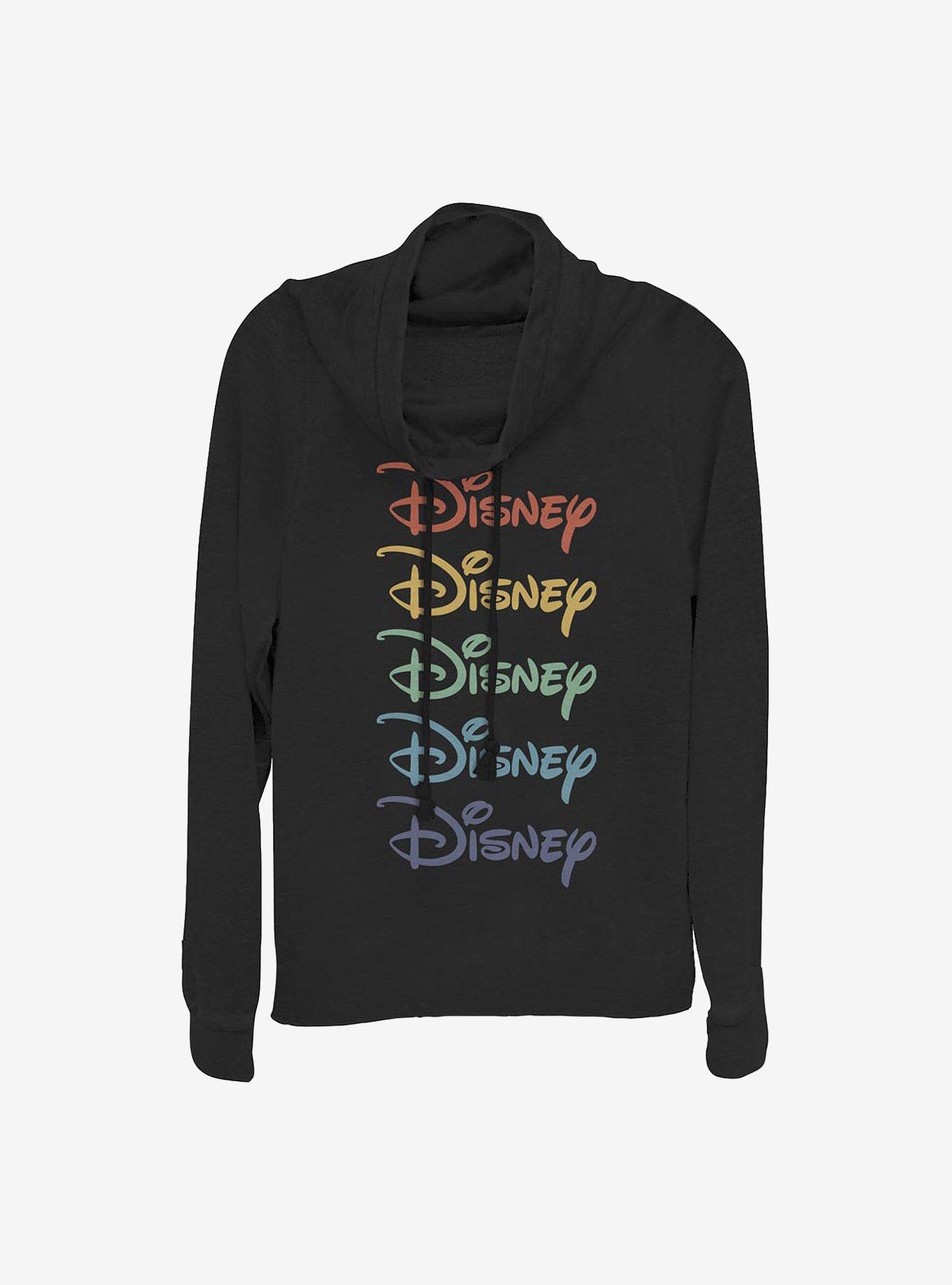 Disney Rainbow Stacked Cowl Neck Long-Sleeve Womens Top, BLACK, hi-res