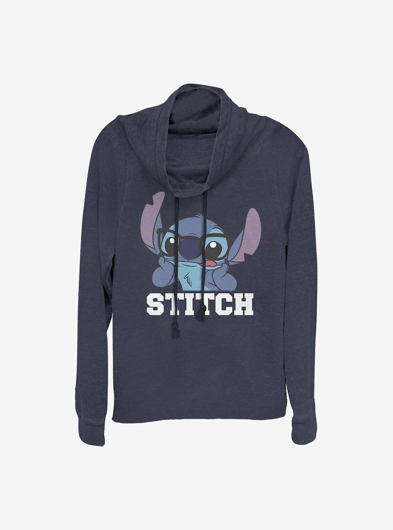 Disney Lilo And Stitch Nerdy Cowl Neck Long-Sleeve Womens Top, NAVY, hi-res