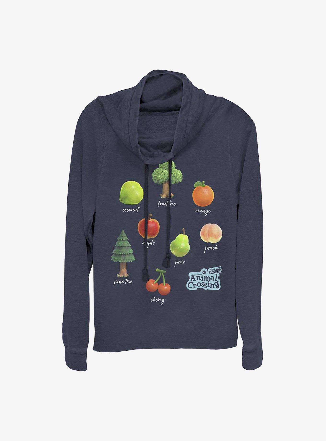 Animal Crossing Fruit And Trees Cowl Neck Long-Sleeve Womens Top, NAVY, hi-res