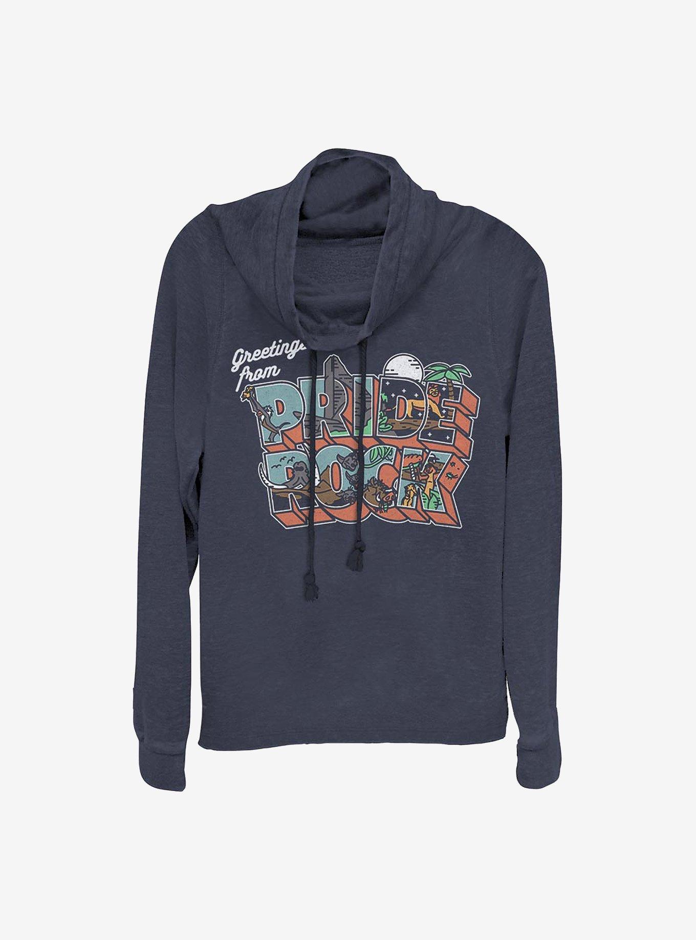 Disney The Lion King Greetings From Pride Rock Cowl Neck Long-Sleeve Womens Top, NAVY, hi-res