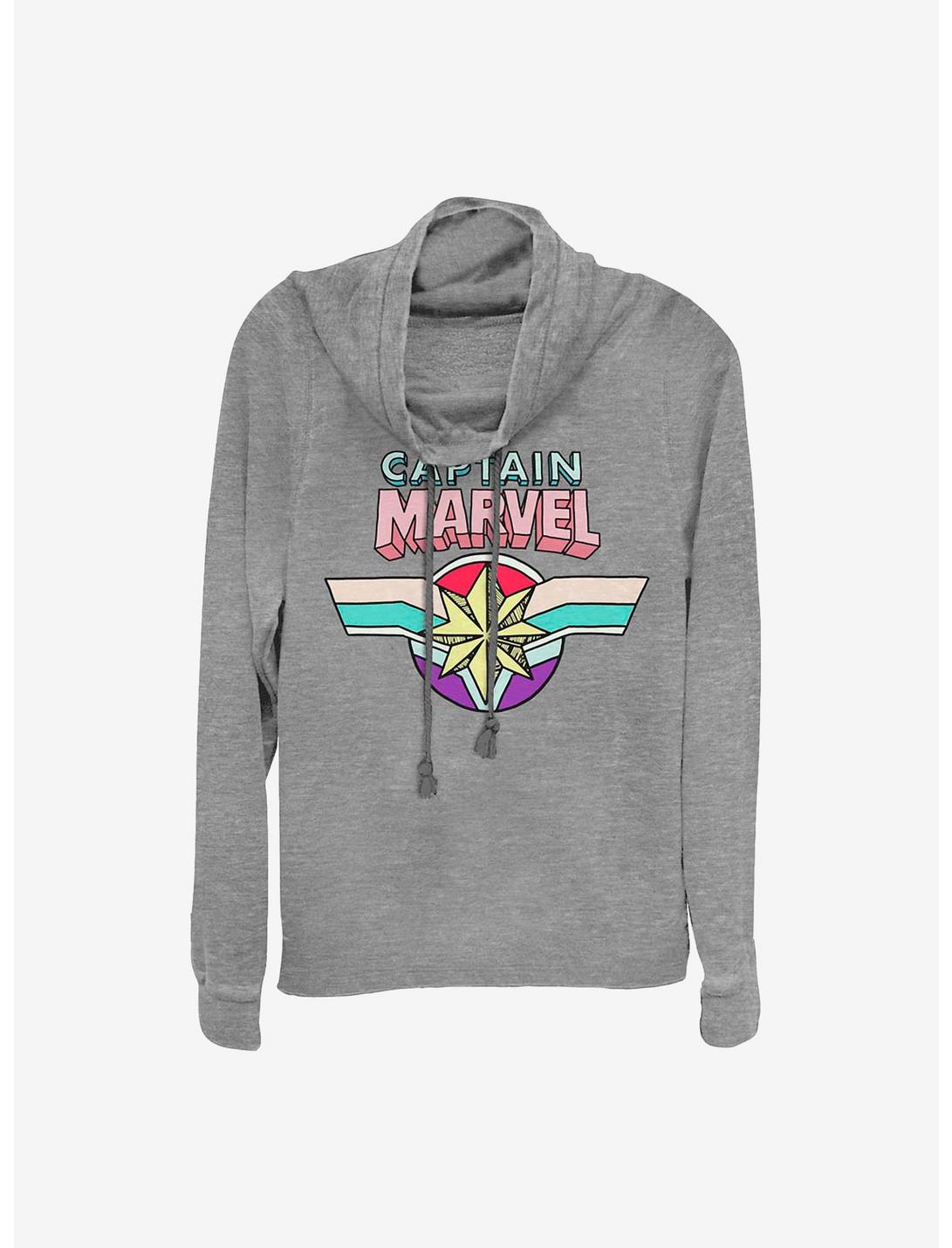 Marvel Captain Marvel Logo  Cowl Neck Long-Sleeve Womens Top, GRAY HTR, hi-res