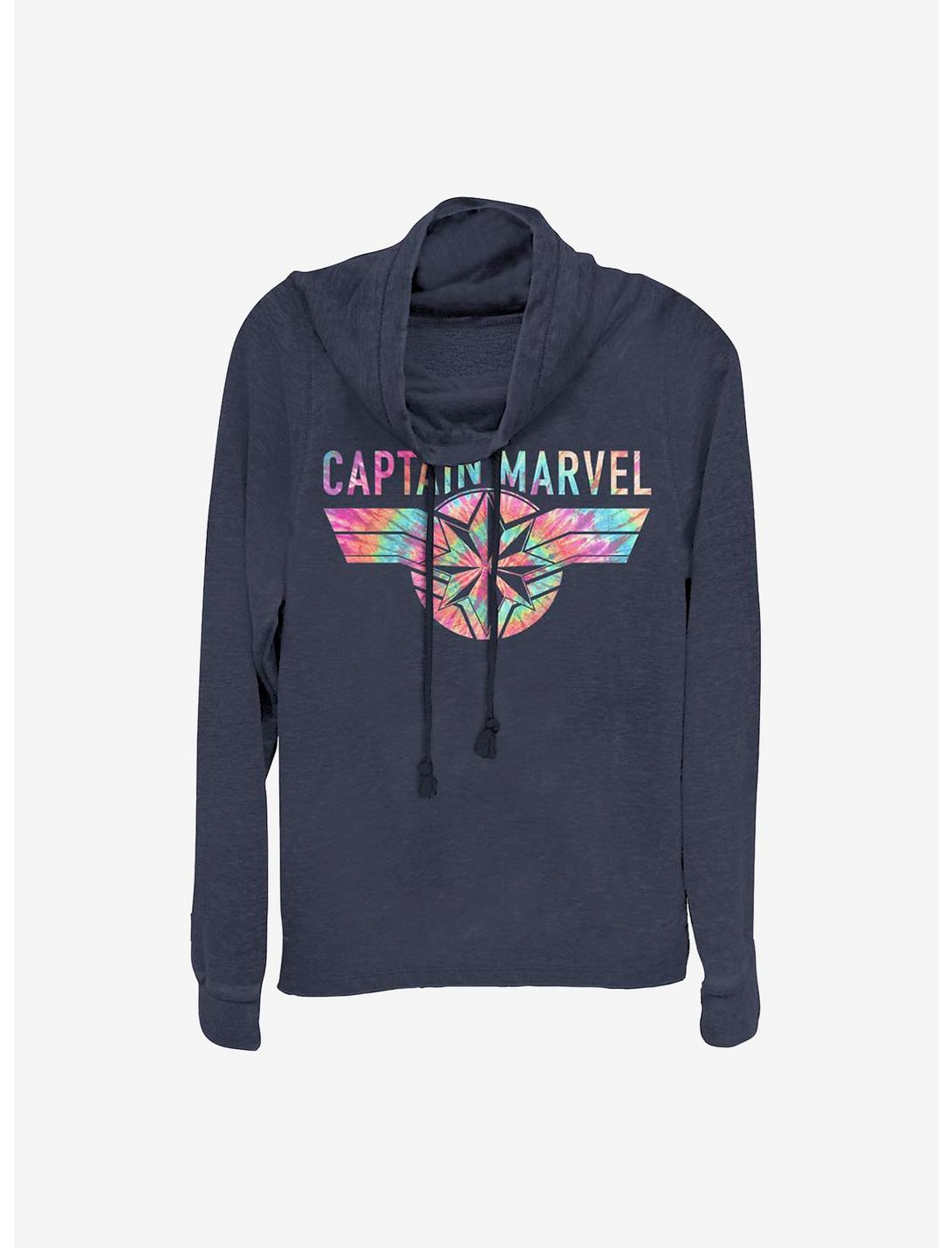 Marvel Captain Marvel Tie Dye Captain Cowl Neck Long-Sleeve Womens Top, NAVY, hi-res