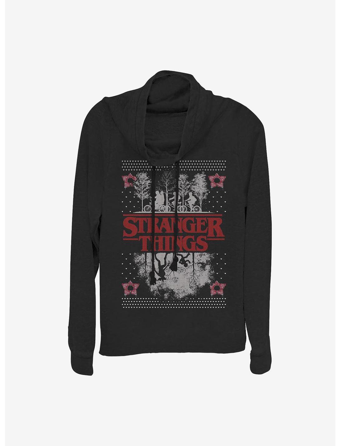 Stranger Things Upside Down Ugly Sweater Cowl Neck Long-Sleeve Womens Top, BLACK, hi-res