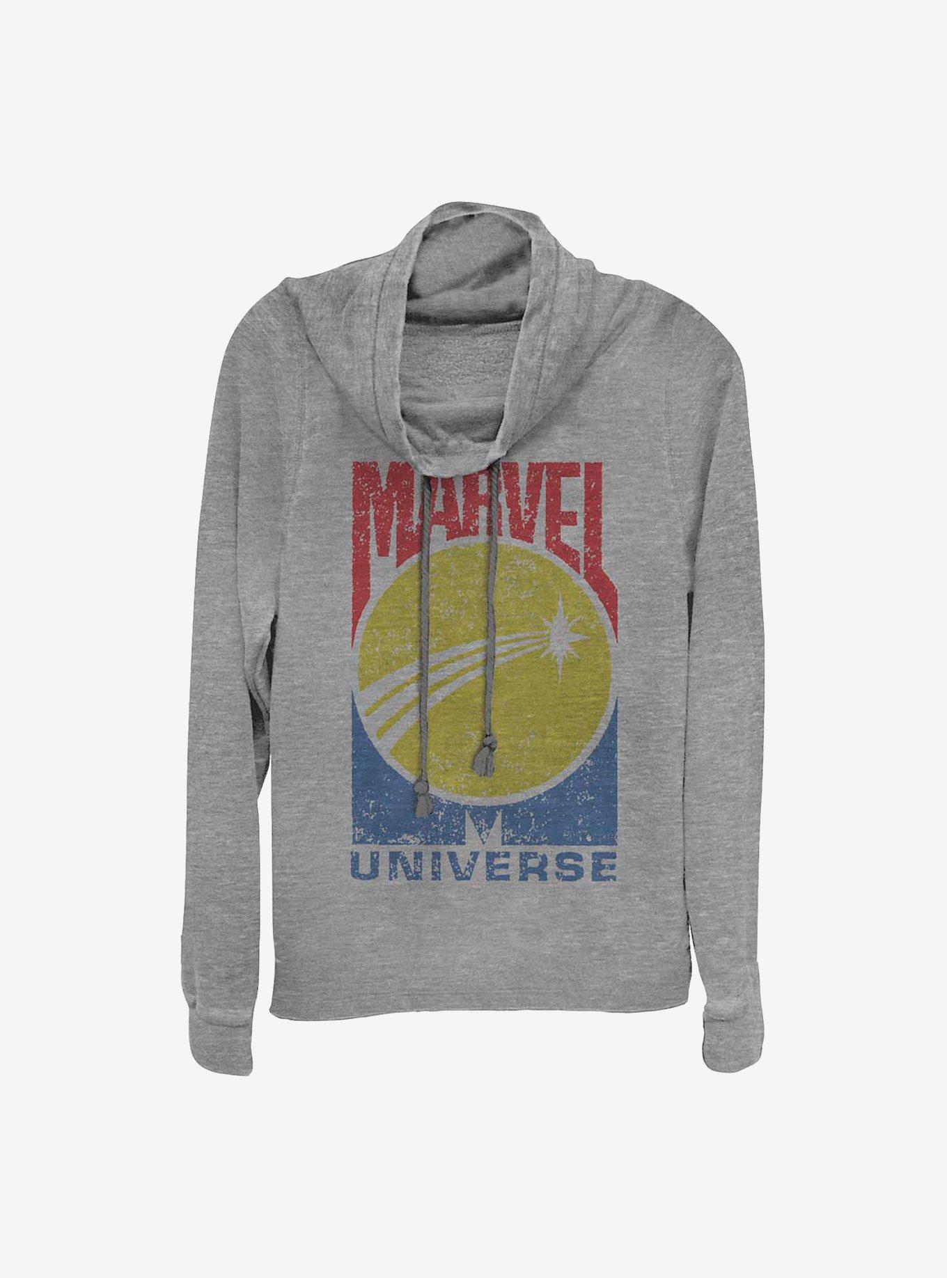 Marvel Logo Cowl Neck Long-Sleeve Womens Top, GRAY HTR, hi-res