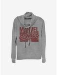 Marvel Logo Distressed Cowl Neck Long-Sleeve Womens Top, GRAY HTR, hi-res