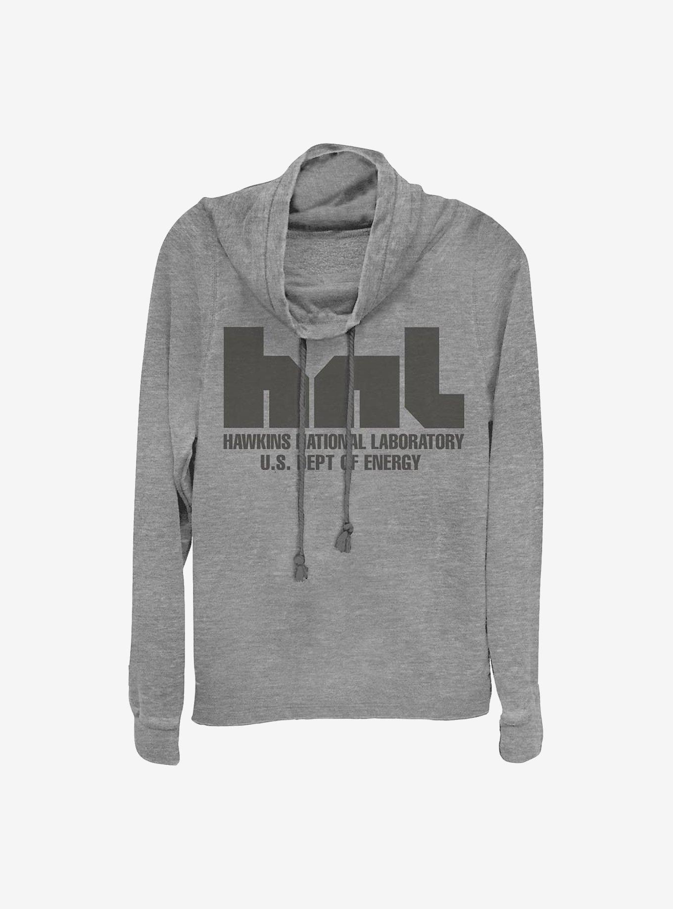 Stranger Things Hawkins National Laboratory Cowl Neck Long-Sleeve Womens Top, GRAY HTR, hi-res